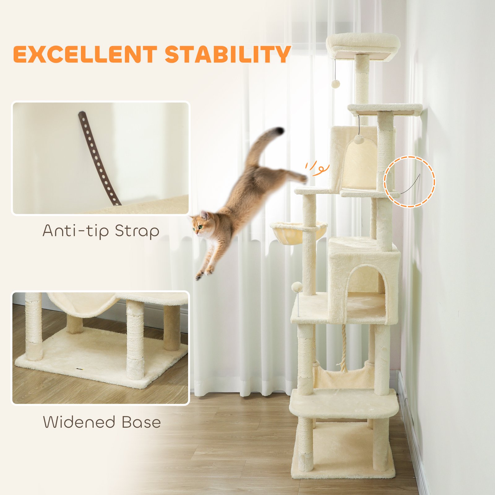 202cm Cat Tree with 6 Scratching Posts, 2 Hammocks, 2 Condos, 2 Perches, Pompoms, for Cats to Rest and Play, Beige - Image 7