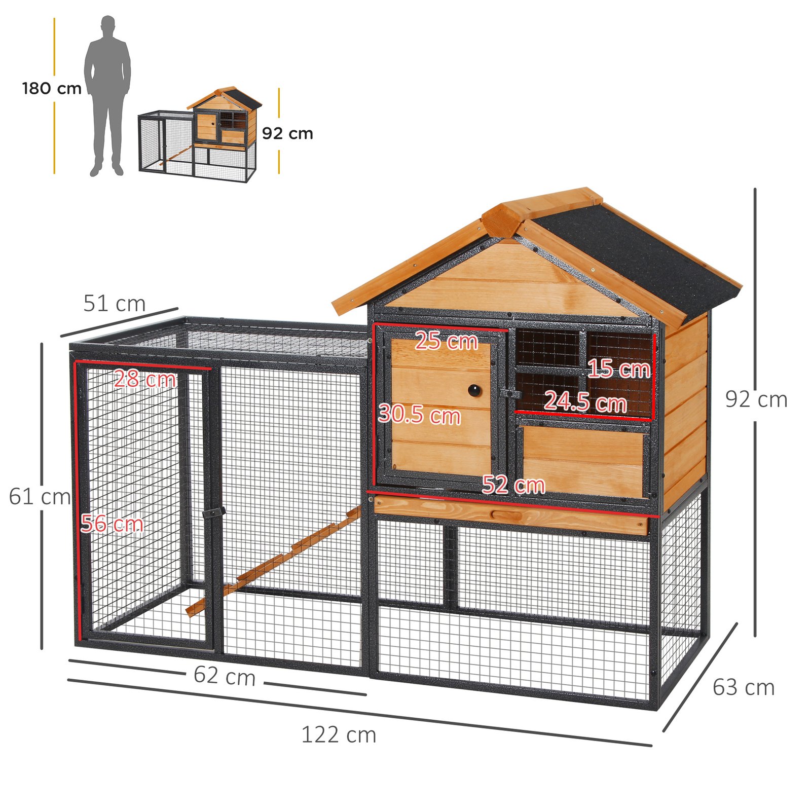 Rabbit Hutch Guinea Pig Hutch Wood-metal Elevated Guinea Pig House Pet Bunny Cage for Outdoor 122 x 63 x 92cm Light Yellow - Image 3