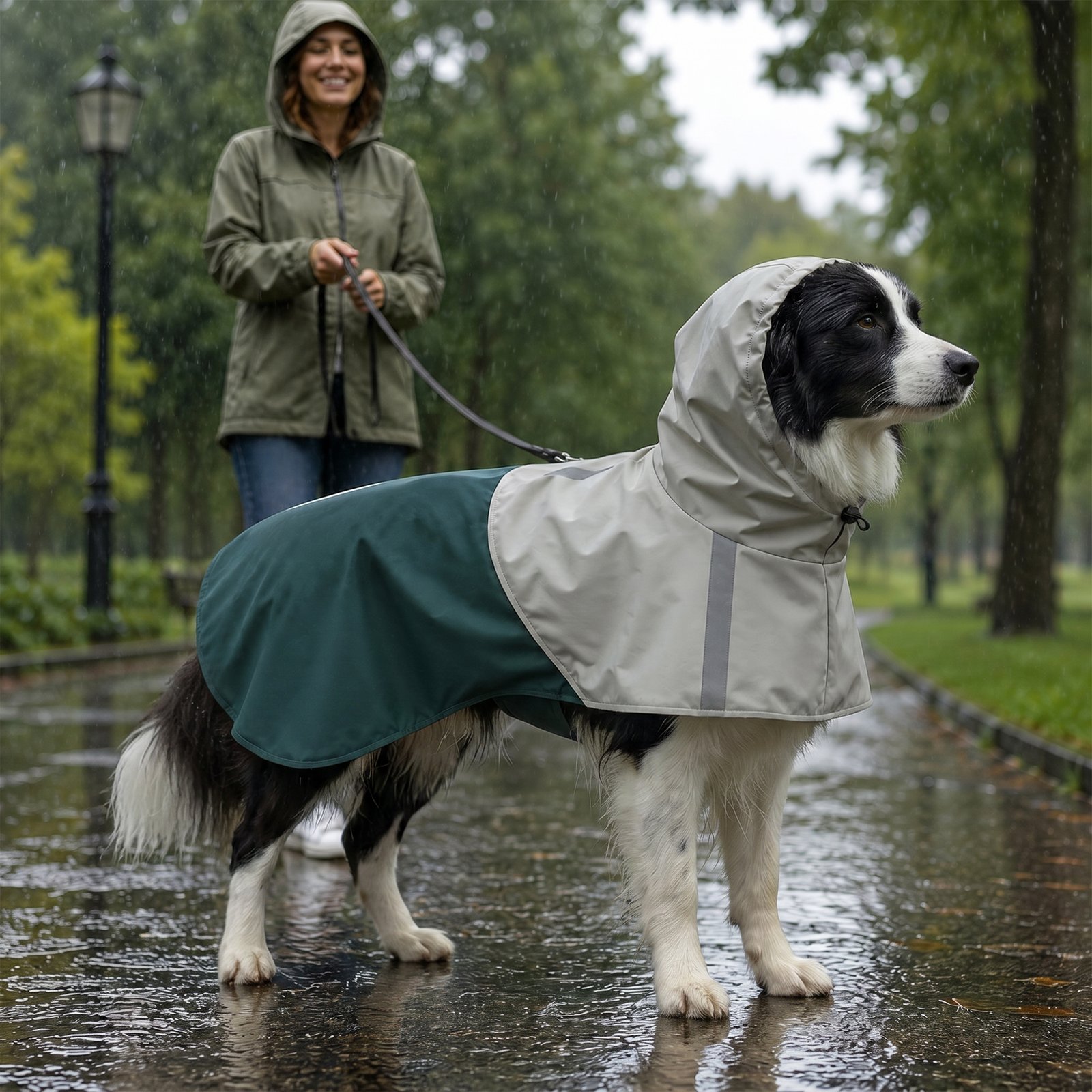 Dog Raincoat with Hood, Waterproof & Breathable Rain Jacket with Leash Hole, for Medium Dogs, Green, M