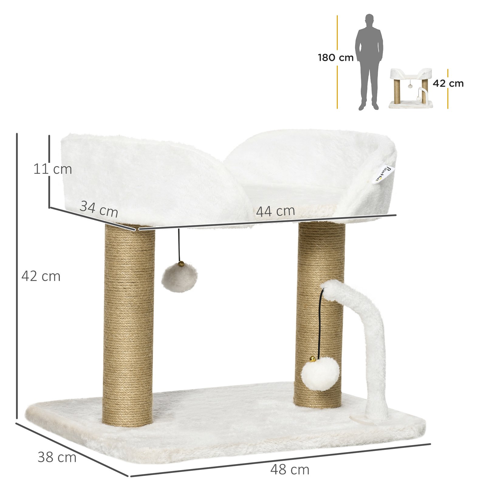 42cm Indoor Cat Tree, with Toy Balls, Jute Scratching Post - White