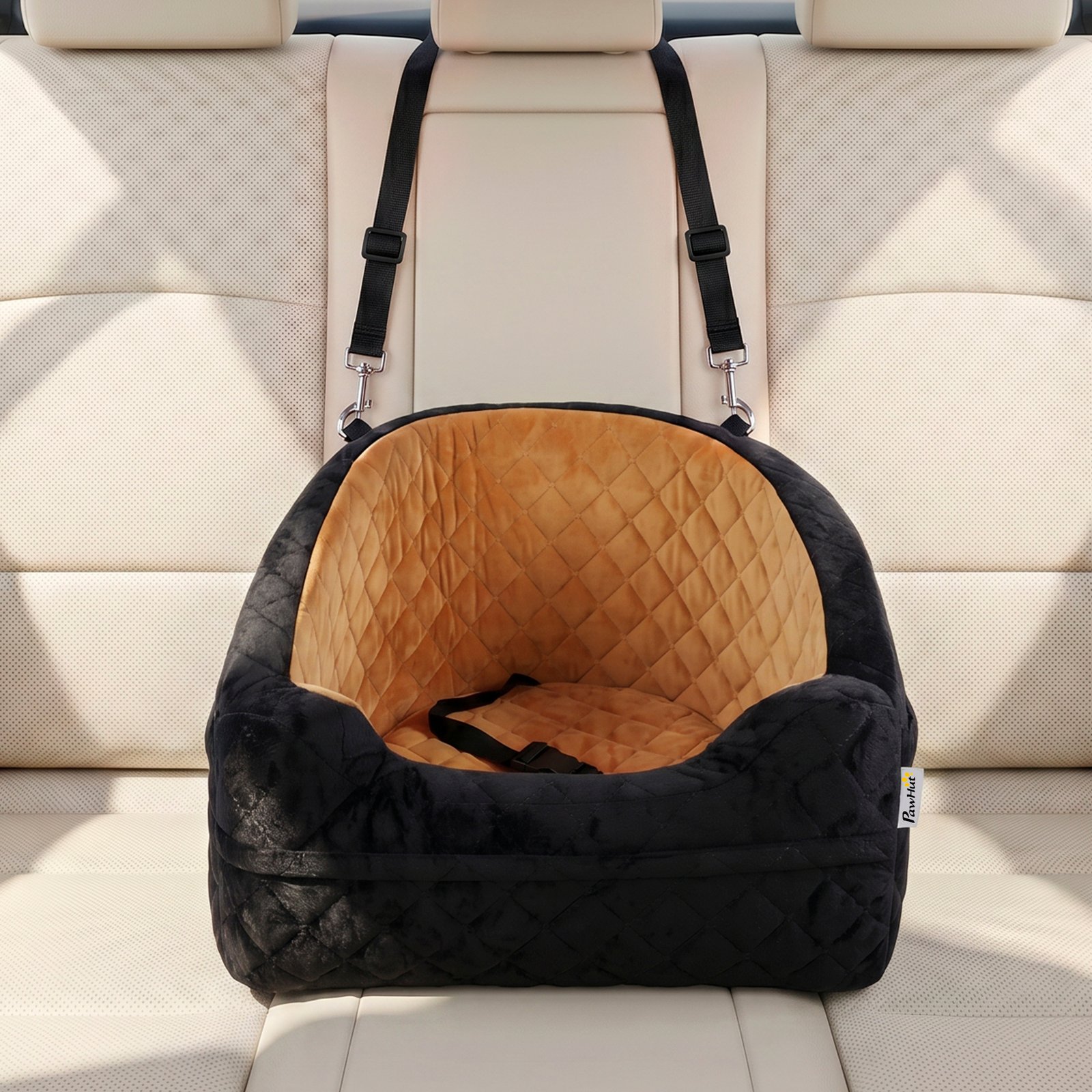 Dog Car Seat, Detachable Washable Dog Booster Seat with Thick Cushion, Seat Belt, Pockets for Small Under 10kg, Brown