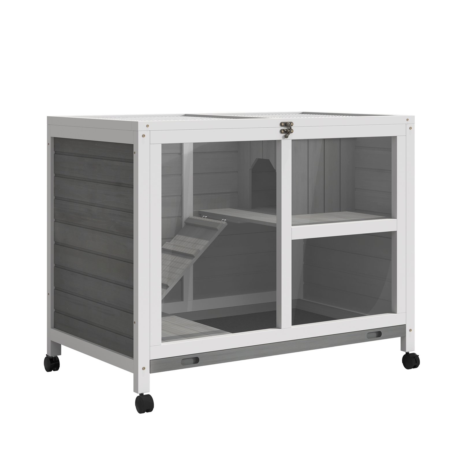 Wooden Rabbit Hutch Indoor with Wheels, Openable Roof, 91.5 x 53.3 x 73 cm, Grey