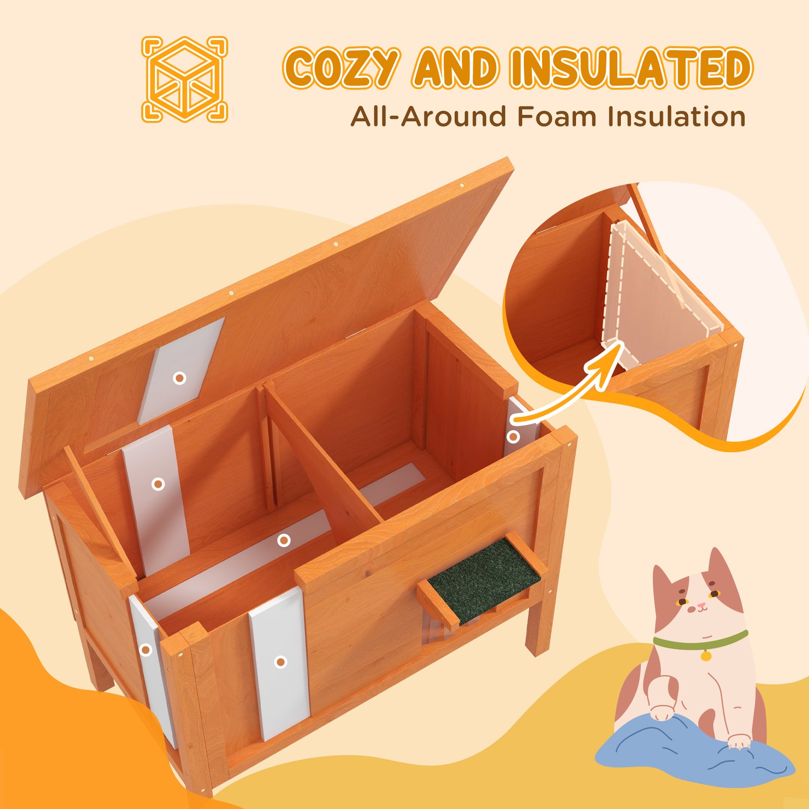 Feral Cat House, Wooden Insulated with Removable Floor, Water-Resistant Openable Roof - Orange - Image 4