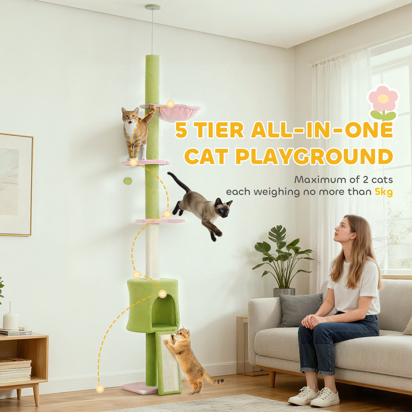 220-240 cm Floor to Ceiling Cat Tree Adjustable Height with Hammock, Condo, Scratching Posts, Green - Image 6