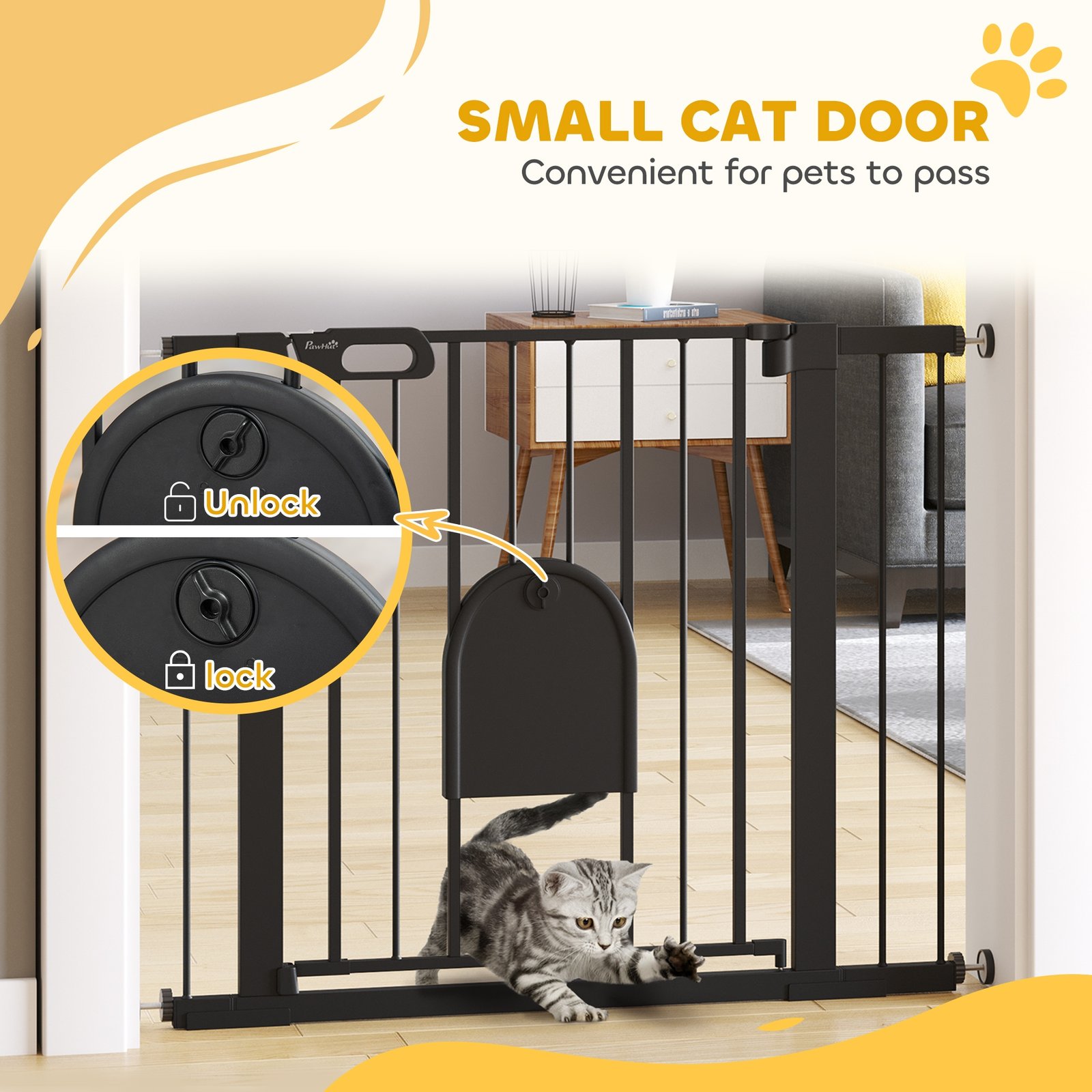 Dog Gate with Cat Flap Pet Safety Gate Barrier, Stair Pressure Fit, Auto Close, Double Locking, for Doorways, Hallways, 75-103 cm Black