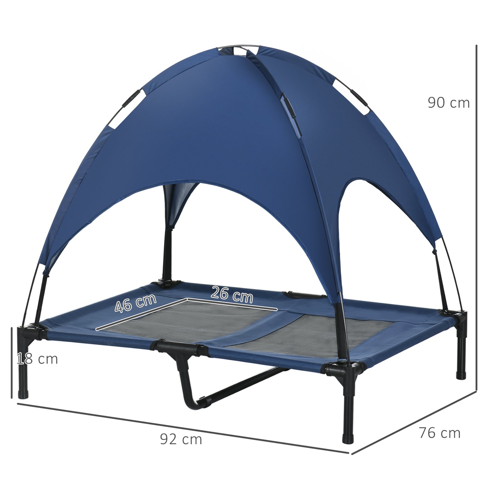 Outdoor Dog Bed with Removable Canopy, Portable Raised Dog Bed for Camping, Garden & Beach, Water-Resistant UV-Protection Mesh Pet Cot Sun Lounger, for Large Pets, 92 x 76 x 90 cm, Dark Blue