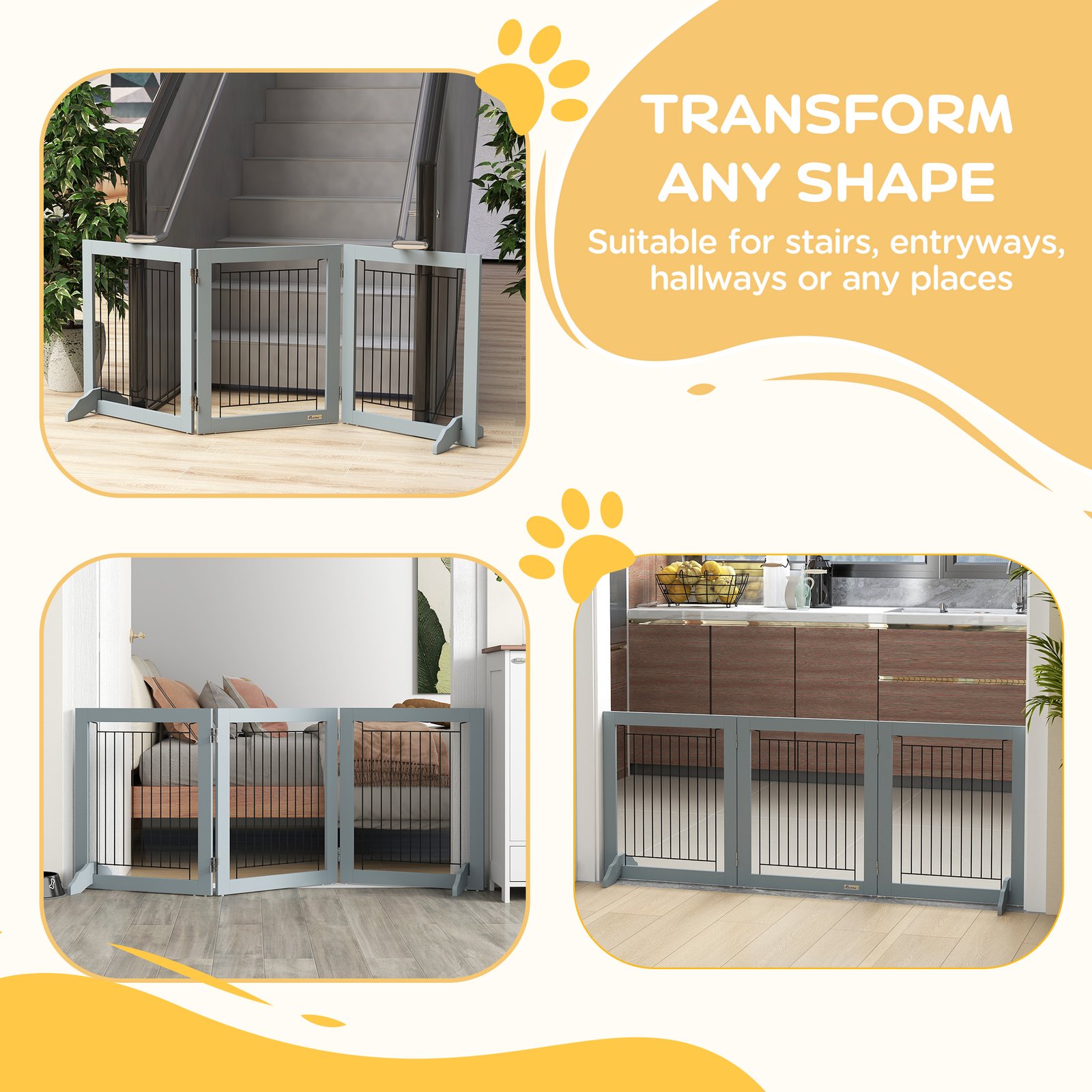 Foldable Pet Gate, with Three Panels & Two Support Feet - Grey - Image 4