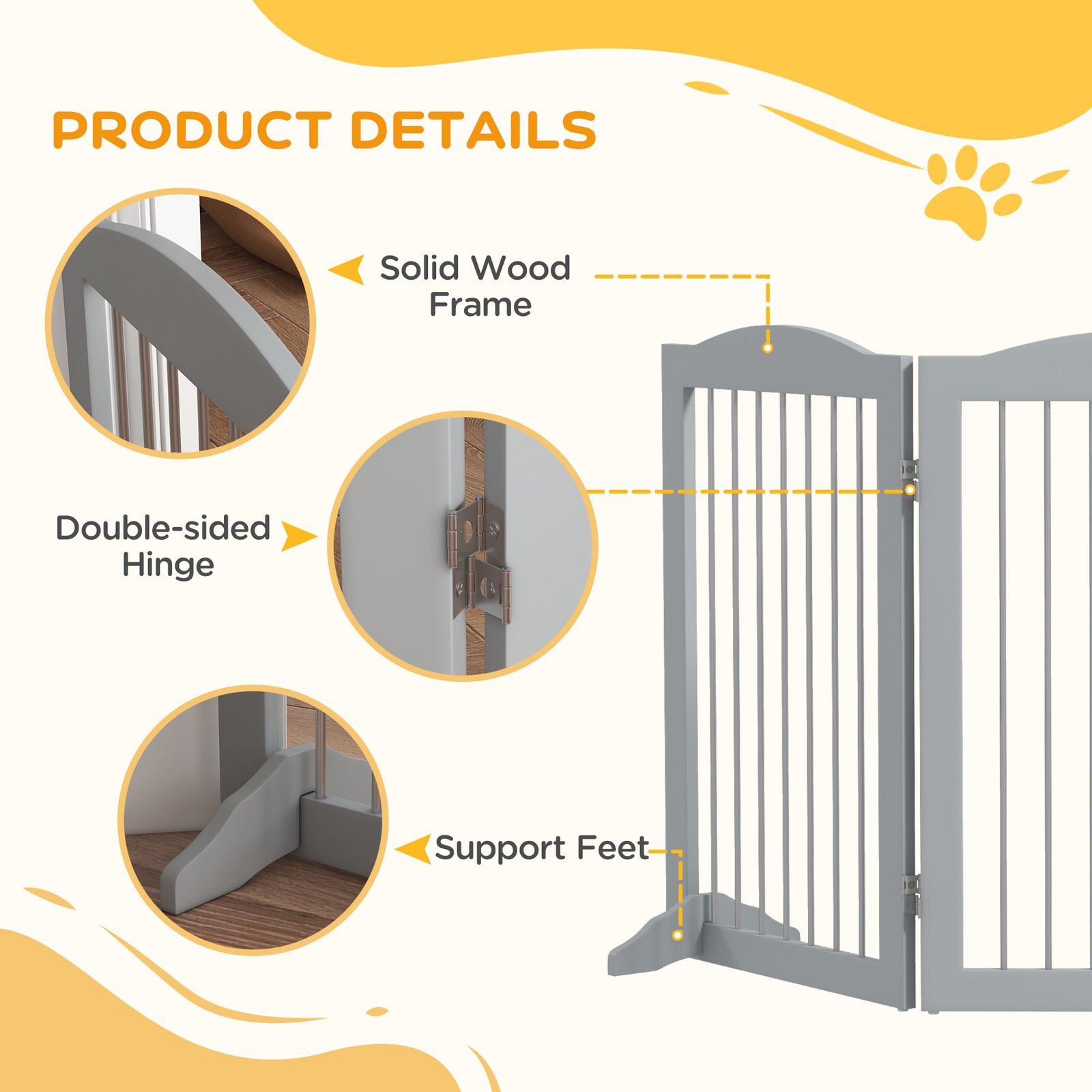 Foldable Dog Gate, Freestanding Pet Gate, with Two Support Feet, for Staircases, Hallways, Doorways - Grey - Image 6