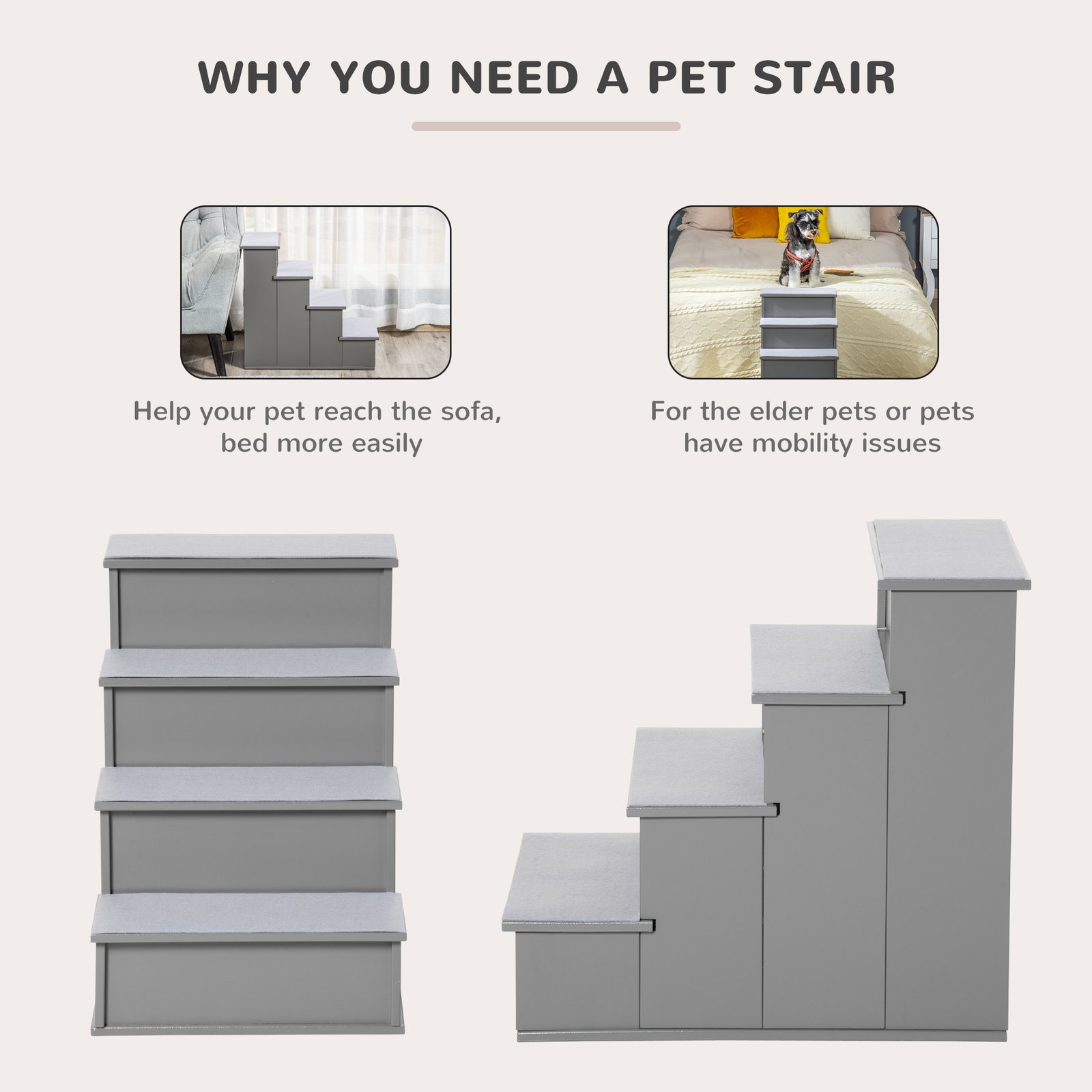 4 Step Dog Steps for Bed, Wooden Dog Steps for Sofa, Pet Stairs for Bed Couch with Non-Slip Carpet for Cats and Puppies, 40 x 59 x 54.2 cm, Grey