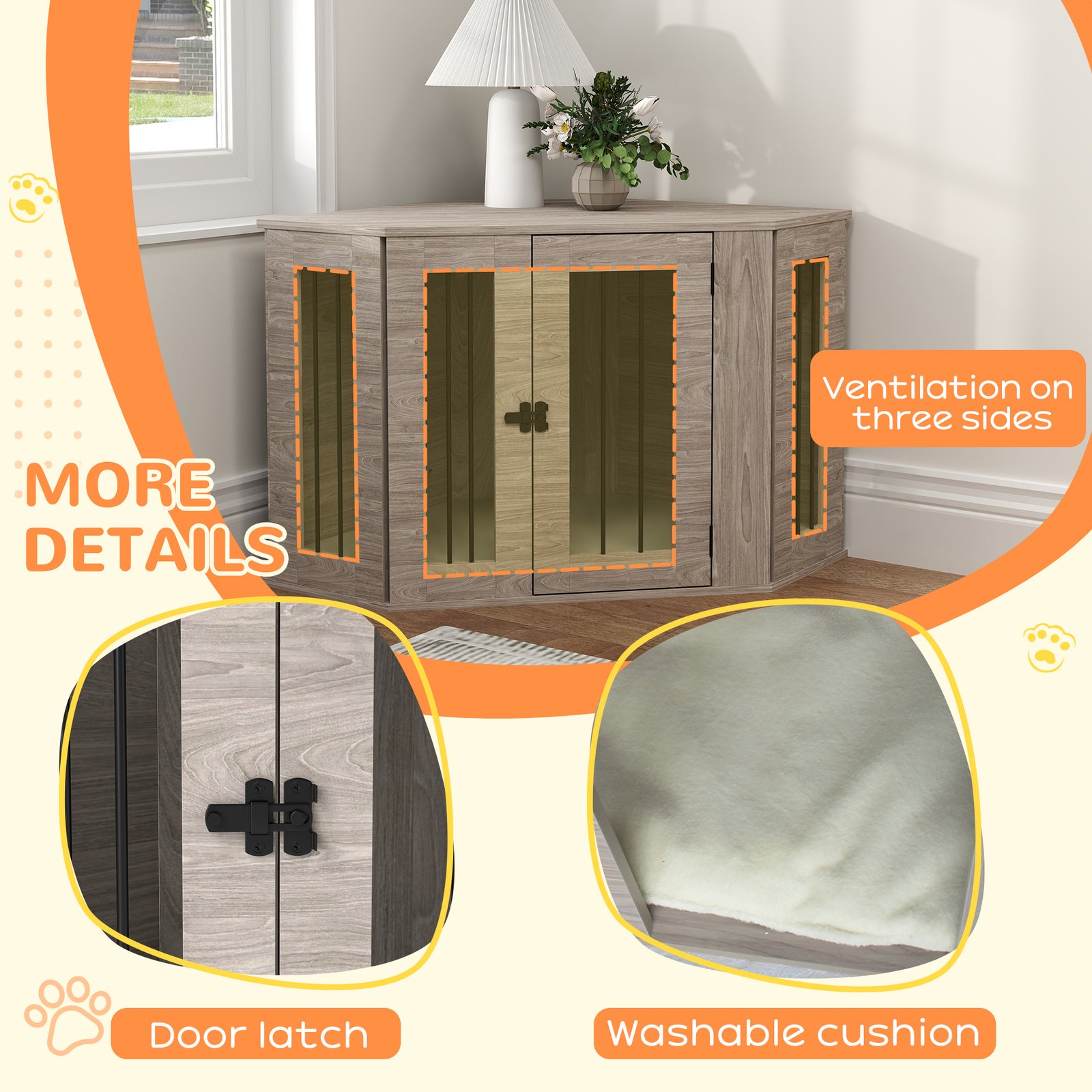 Dog Crate Furniture Side Table, with Cushion, 104 x 55 x 63cm - Walnut Brown - Image 6