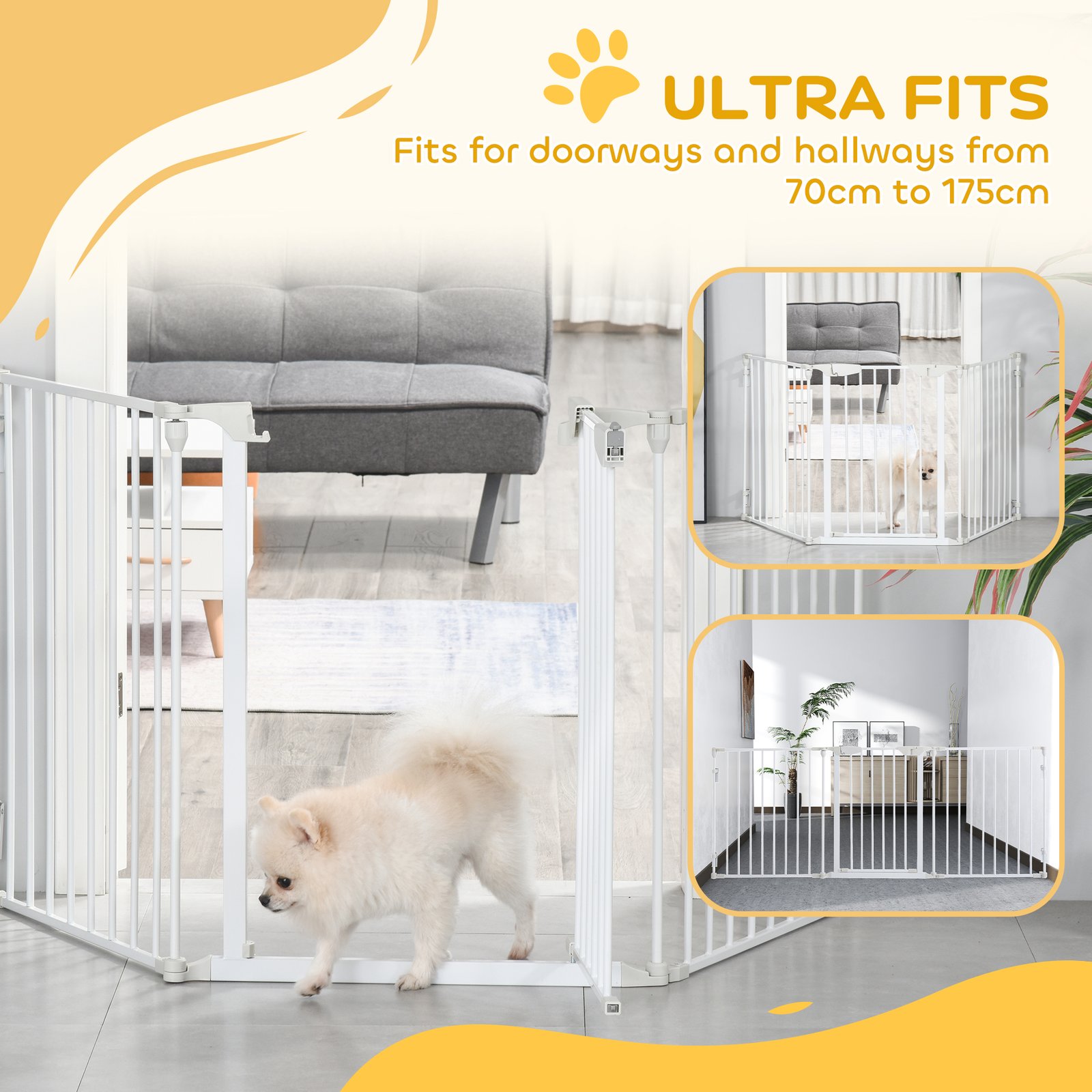 Pet Safety Gate, 3 Panels Playpen Fireplace, Foldable Metal Fence, Stair Barrier, Room Divider, Fire Guard w/ Automatic Closing Door, White - Image 8