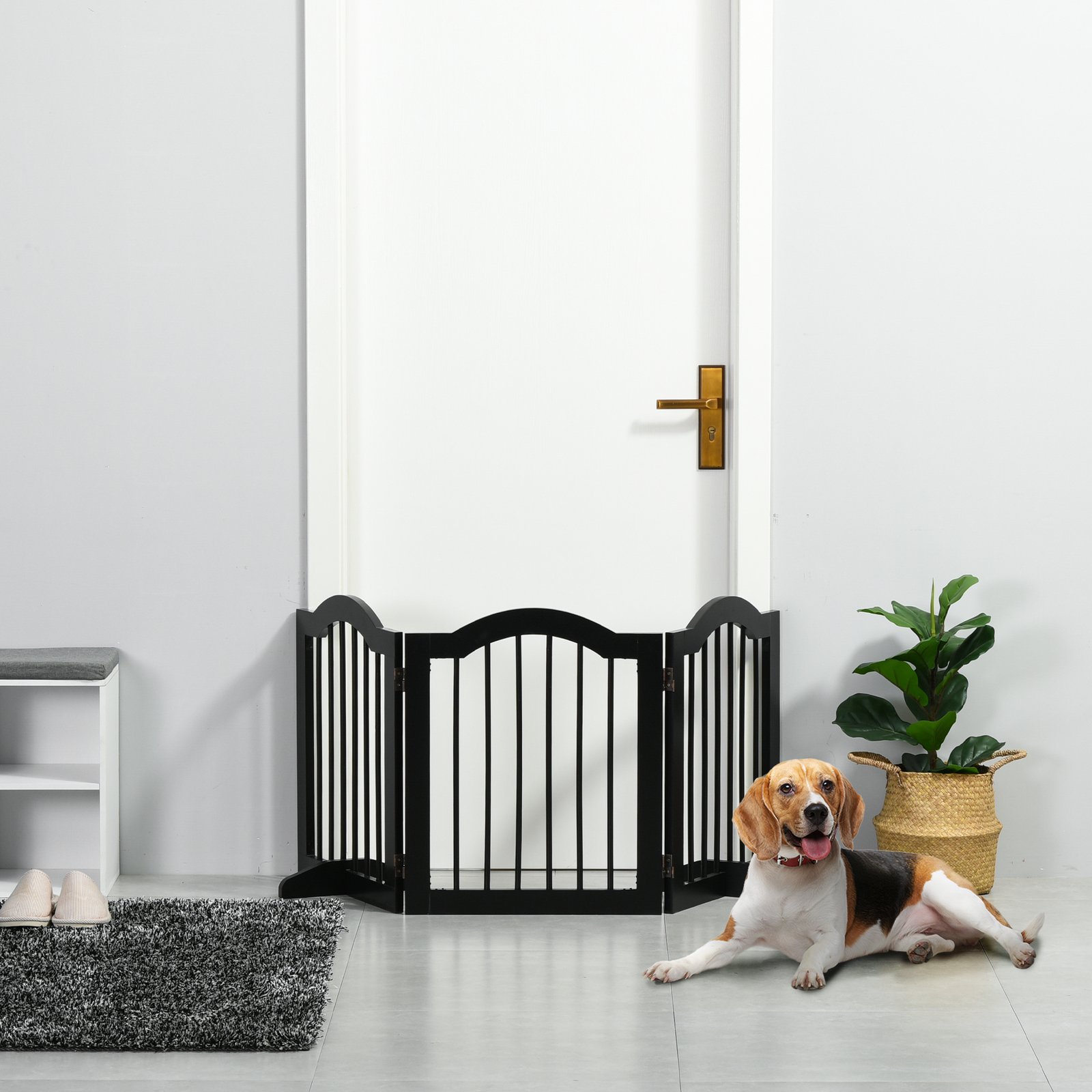 Freestanding Dog Gate Wooden Stair Gate for Dogs with Support Feet Foldable Pet Fence Safety Barrier for the House Doorway Stairs Black