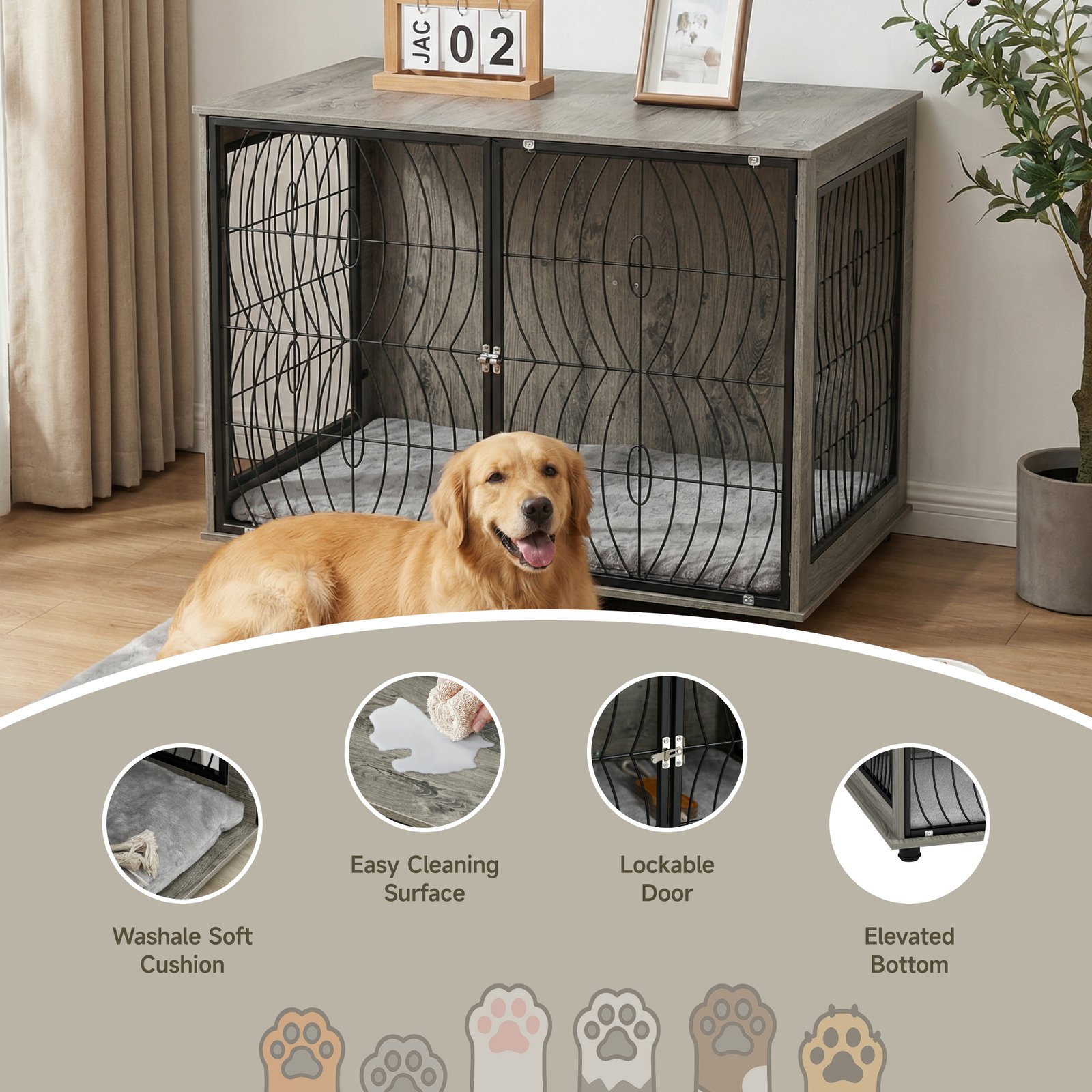 46.46'' Dog Crate Furniture End Table w/ Plush Washable Cushion, Lockable Door, for Extra Large Dogs