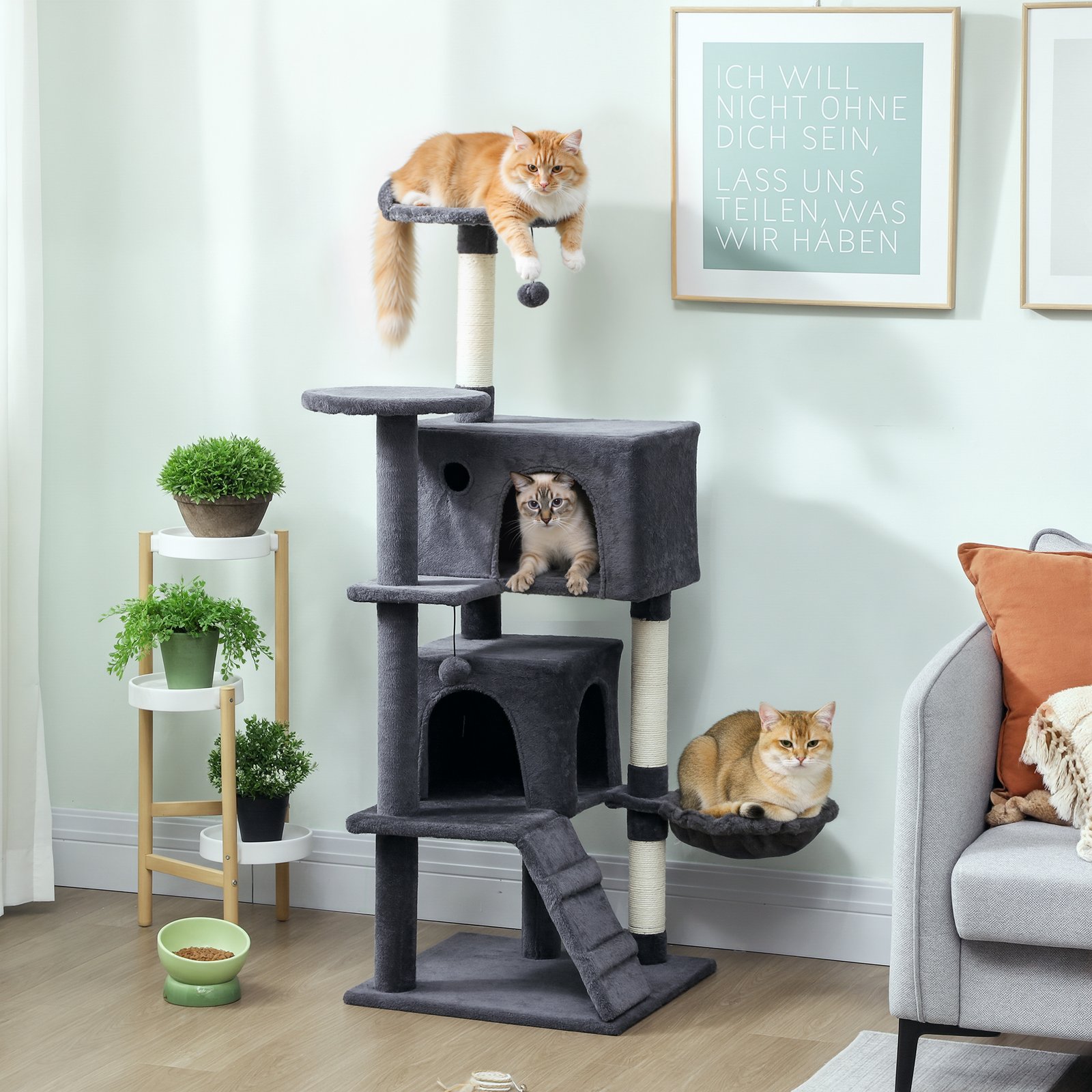 140cm Large Cat Tree Tower with Sisal Scratching Posts, Cat Houses, Plush Perches, Hammock, Ladder, Dark Grey