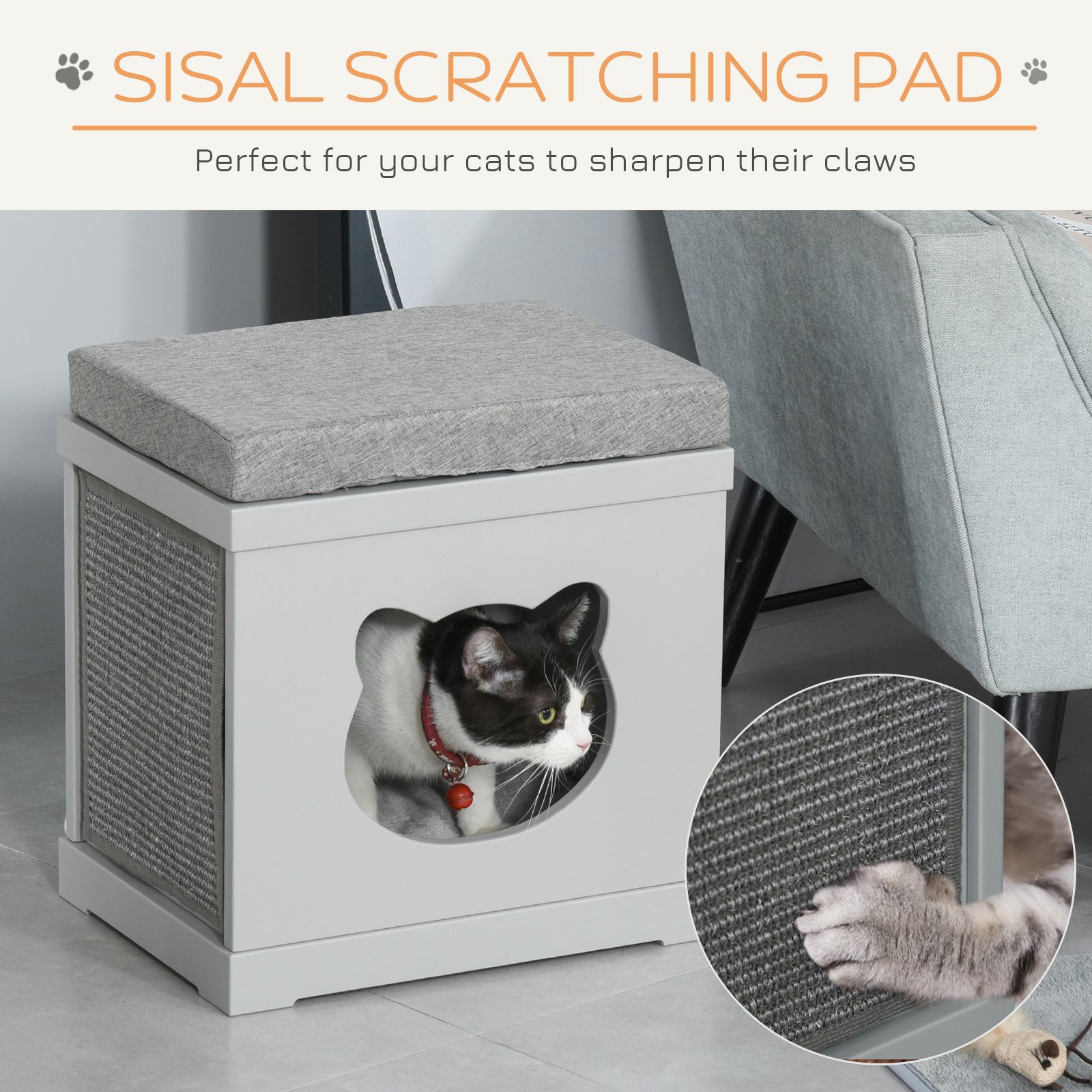Cat House Bed Kitten Cave Cube Indoor for Small Pet with Removable Sisal Scratching Pads Soft Cushions, 41x30x36 cm, Grey - Image 6