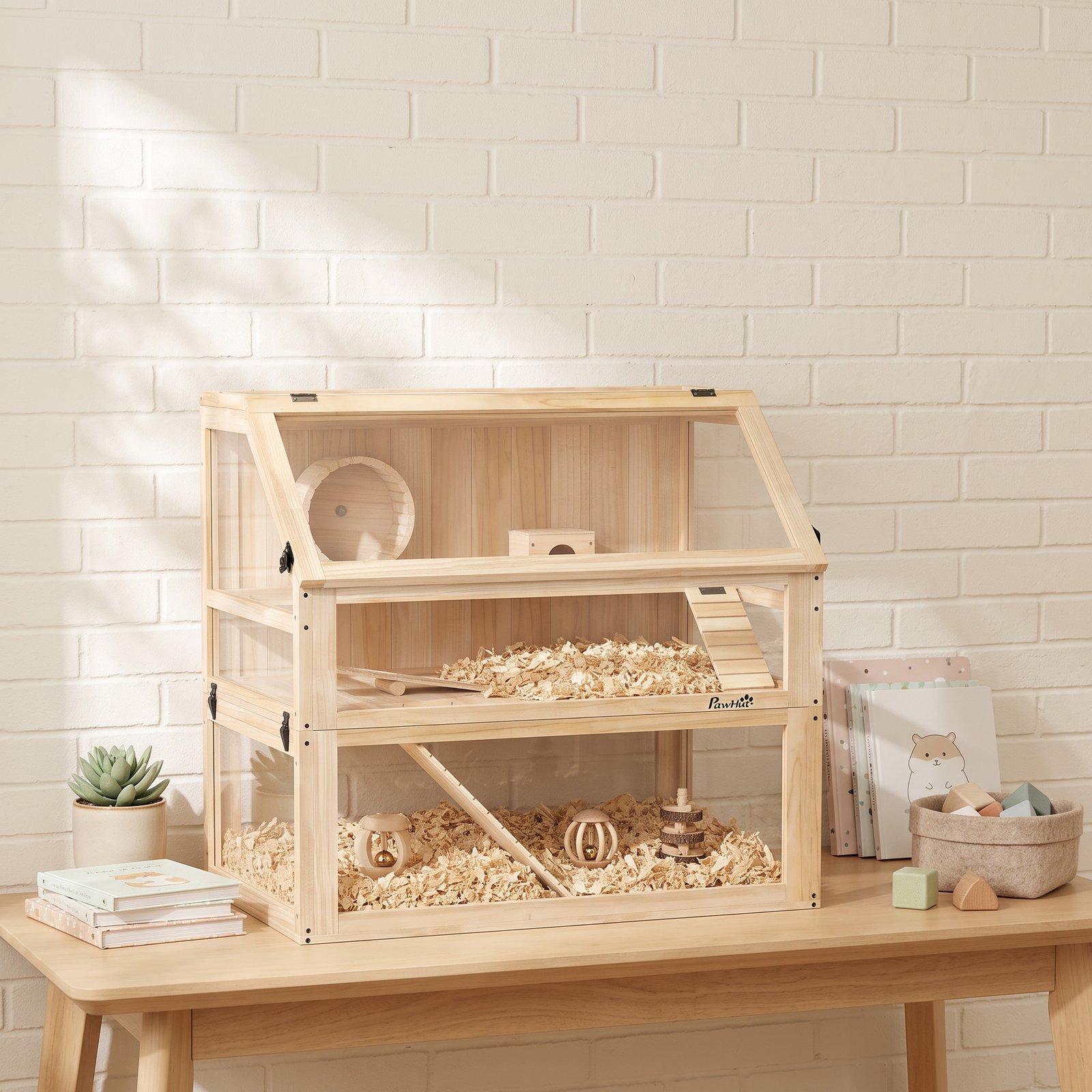 Wooden Hamster Cage with Detachable 31cm Deep Bottom, Hut, Seesaw, Exercise Wheel, Ramp, 80 x 50 x 76cm, Natural