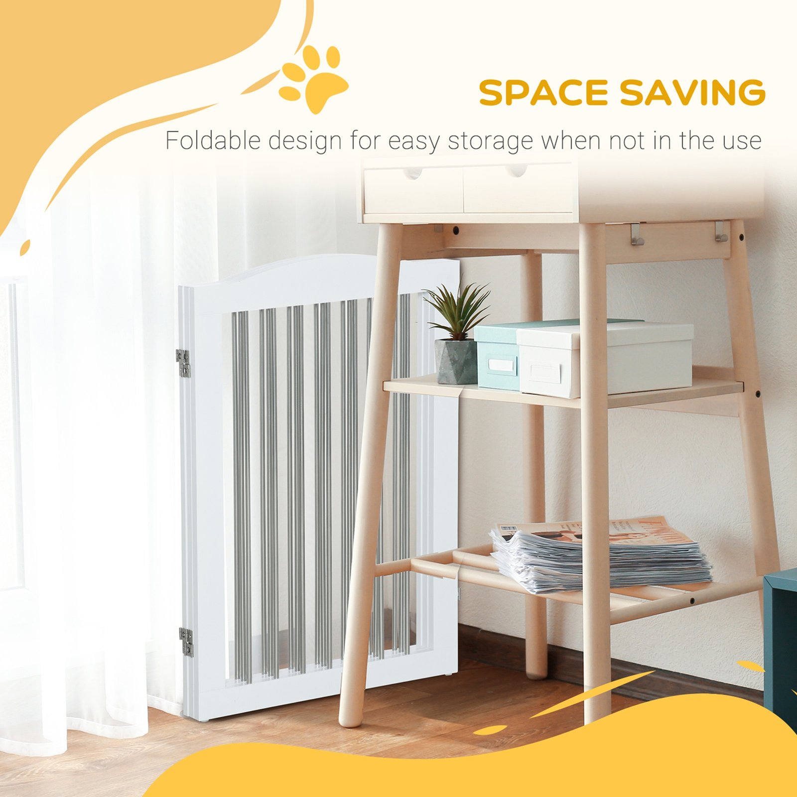 Foldable Dog Gate, Freestanding Pet Gate, with Two Support Feet, for Staircases, Hallways, Doorways - White
