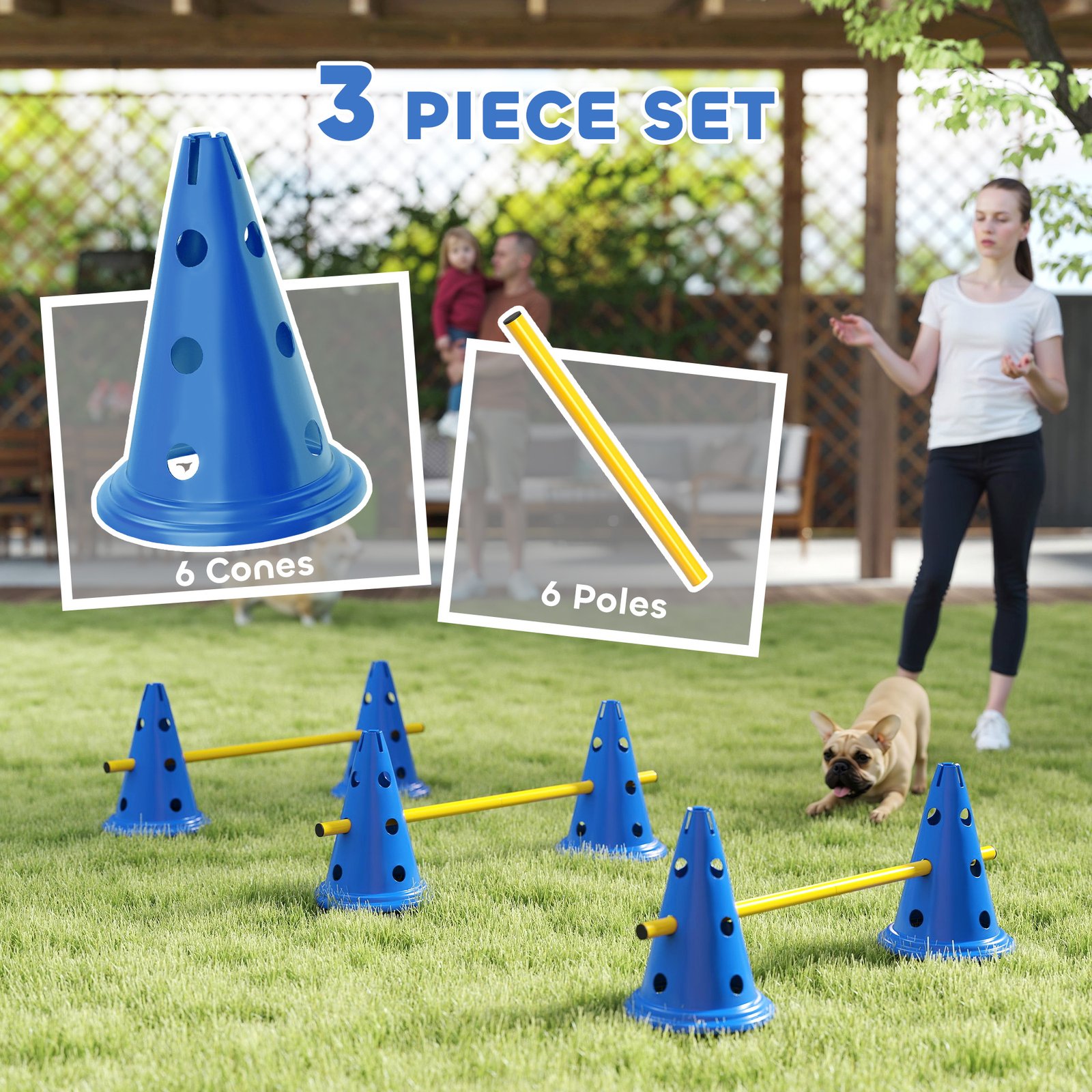 Dog Agility Equipment Set of Six Cones, Six Poles with Carry Bag, Three-Piece Adjustable Height Jumping Obstacles, Blue