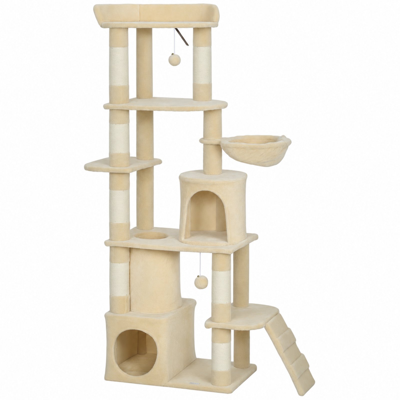 170 cm Large Cat Tree, Cat Tower with 7 Scratching Posts, Tunnel, 2 Condos, Hammock, Perch, Ramp, Pompoms, Beige