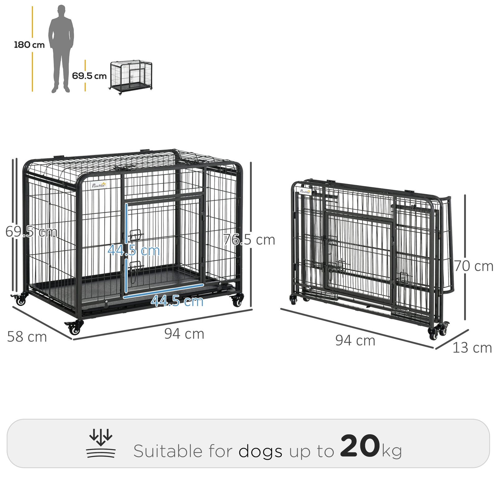 Metal Dog Cage Kennel Locking Door & Wheels Removable Tray Openable Top For Medium Pets 94 x 58 x 69.5 cm - Image 3