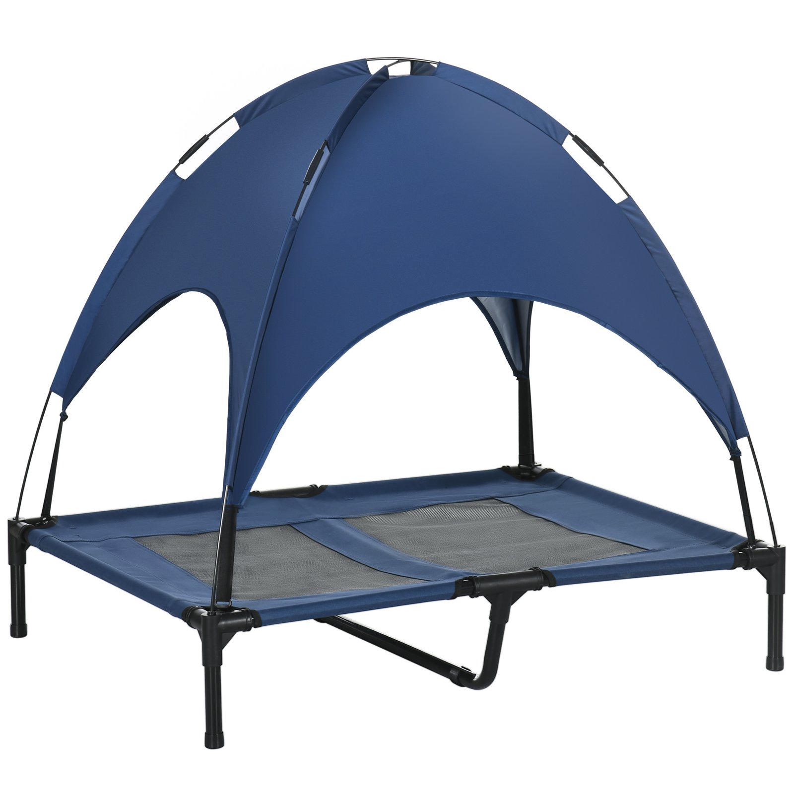 Outdoor Dog Bed with Removable Canopy, Portable Raised Dog Bed for Camping, Garden & Beach, Water-Resistant UV-Protection Mesh Pet Cot Sun Lounger, for Large Pets, 92 x 76 x 90 cm, Dark Blue