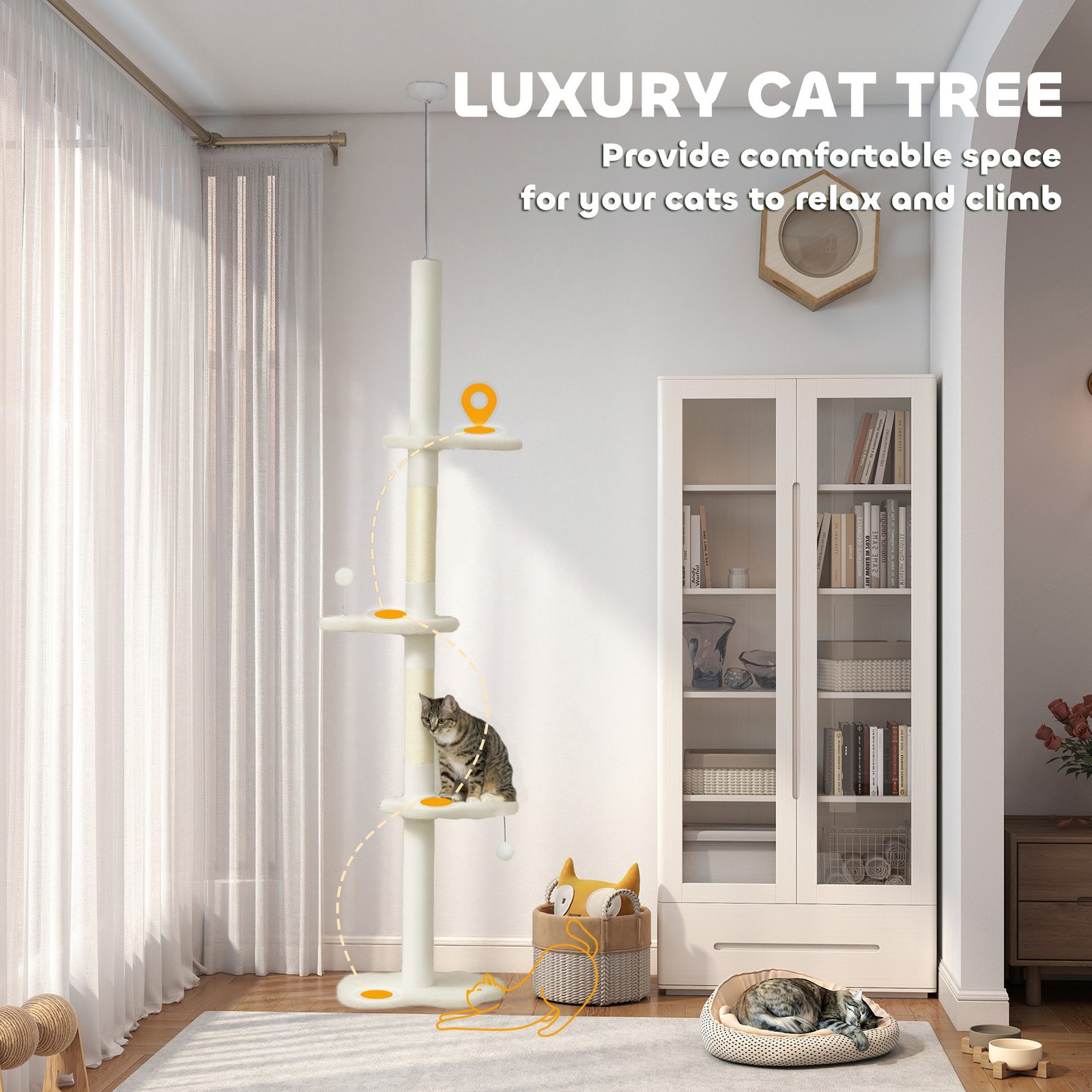 225-255 cm Adjustable Cat Climbing Tower with Sisal Scratching Posts, 2 Hanging Play Balls and Anti-Tip Strap, Beige
