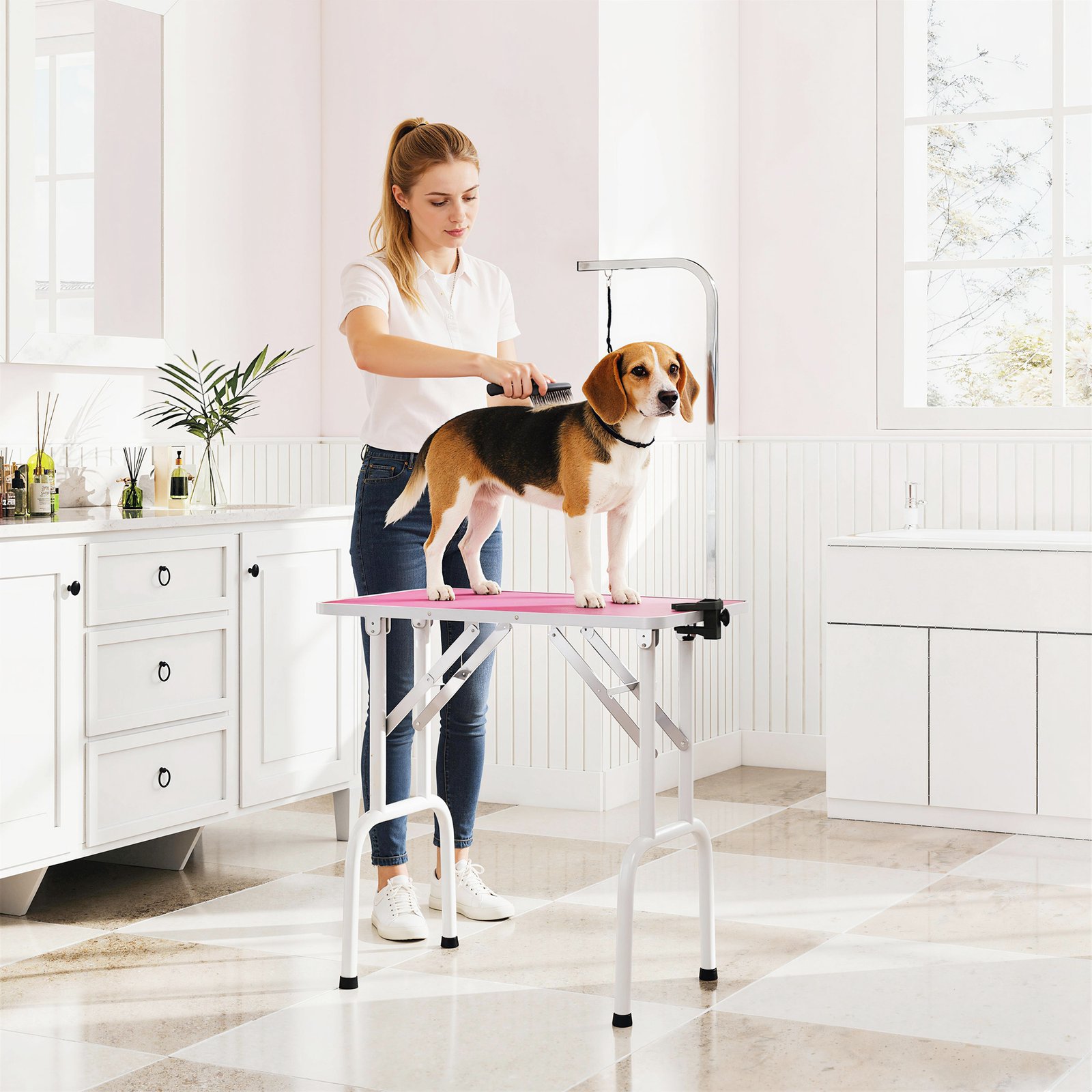 32" Foldable Dog Grooming Table Pet Drying Beauty Table Adjustable Fixed Arm Rubber Top, Pink