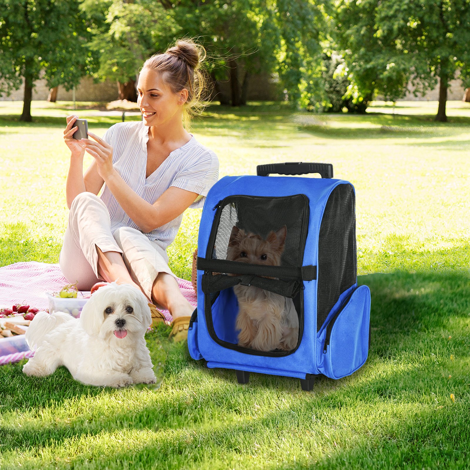 2 in 1 Dog Backpack and Trolley, Pet Travel Backpack Cat Dog Carrier with Telescopic Handle, Portable Pet Stroller Wheel Luggage Bag (Blue)