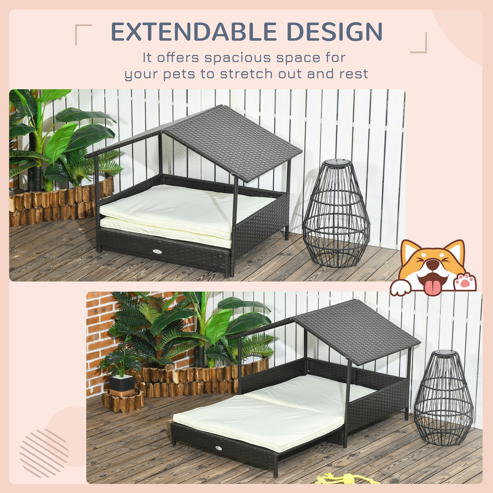 Extendable Elevated Dog Bed, Rattan Dog House, with Water-Resistant Roof, Removable Cushion, Cream - Image 4