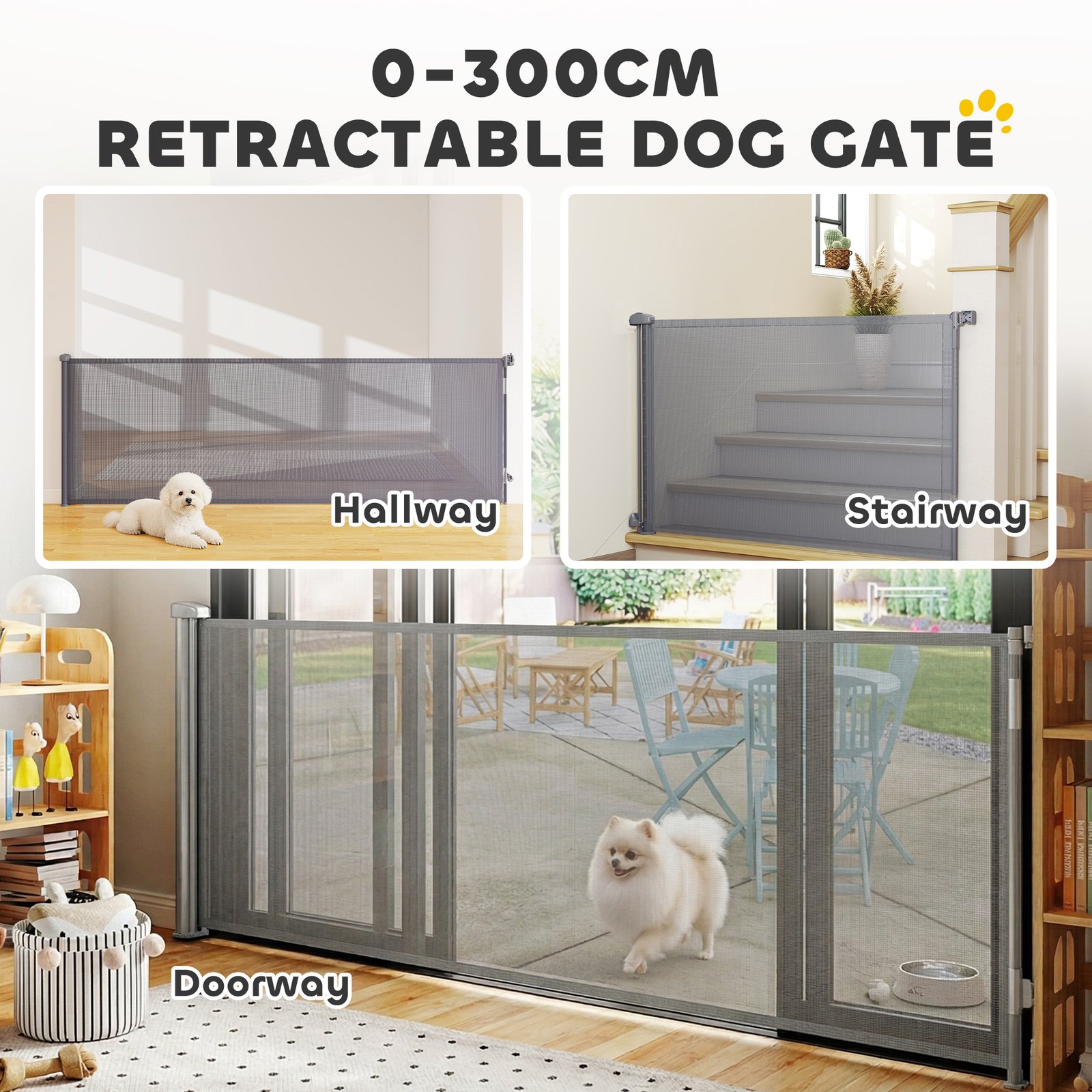 Retractable Dog Gate, Extends to 300 cm Wide & 104 cm Tall, Mesh Pet Gate Single Hand Operation, for Stairs Doorways
