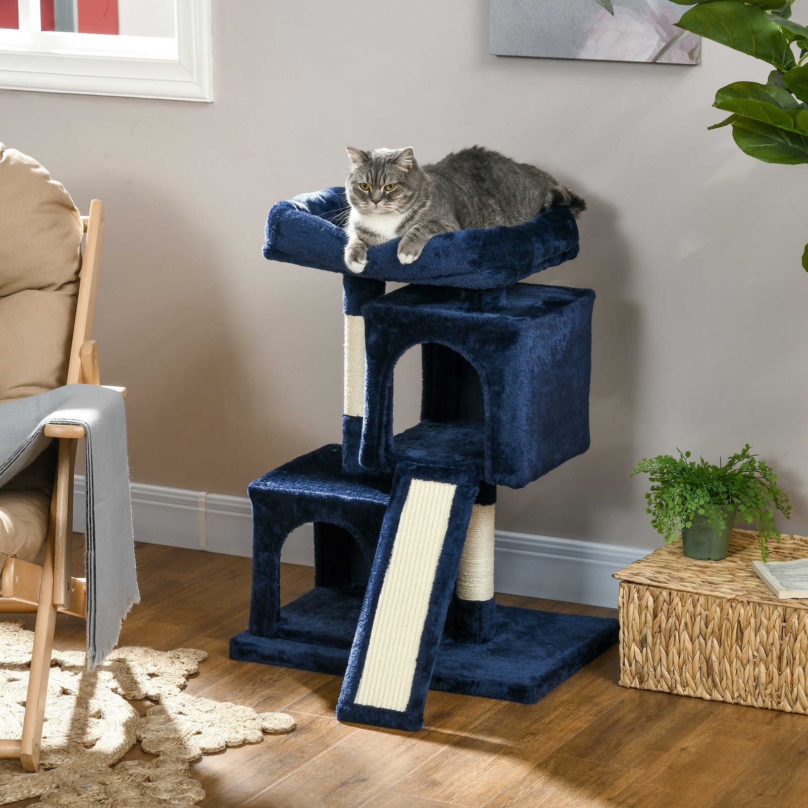 Sisal Cat Rest & Play Activity Tree w/ 2 House Navy Blue - Image 9