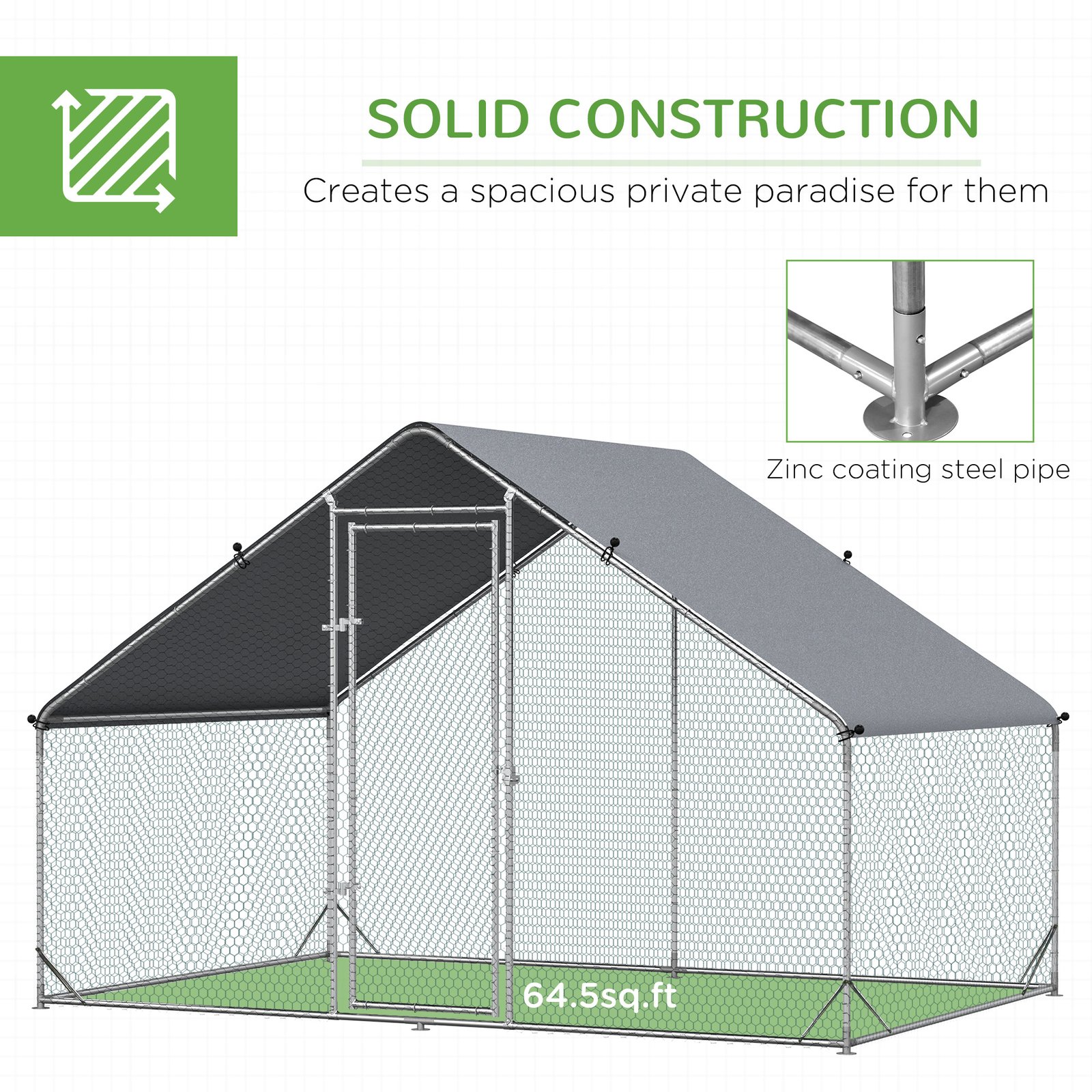 Chicken Run Galvanised 3 x 2 x 2m Walk-in Chicken Coop Hen Poultry House Cage with Water-Resist Cover, Silver