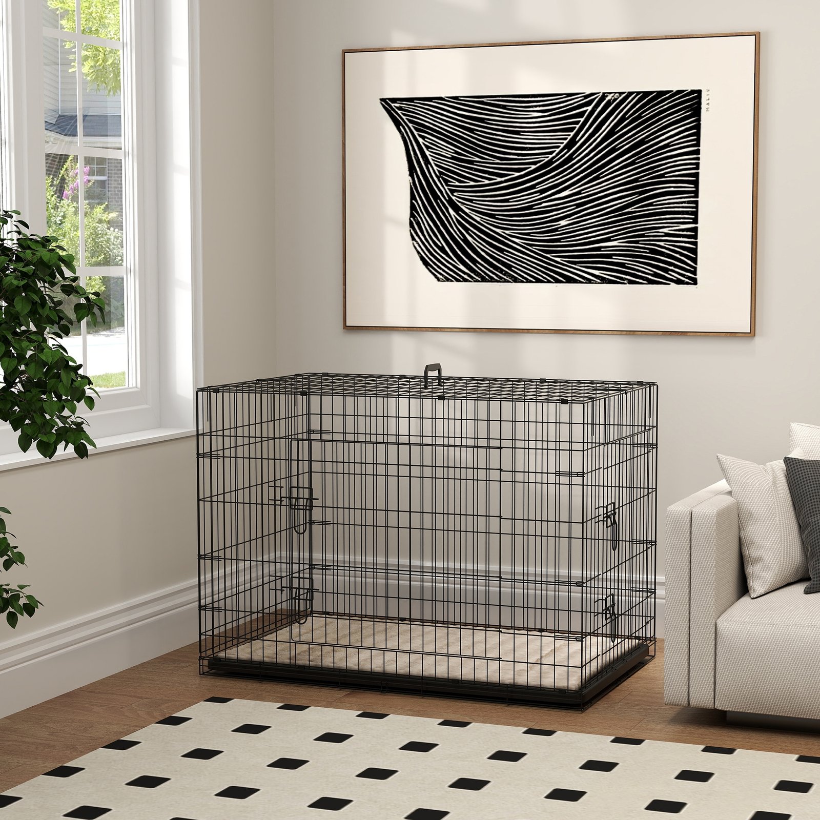 Foldable Dog Crate with 2 Doors with Tray, Soft Cushion, for Extra and Large Dogs, 106 x 71.5 x 76 cm, Black