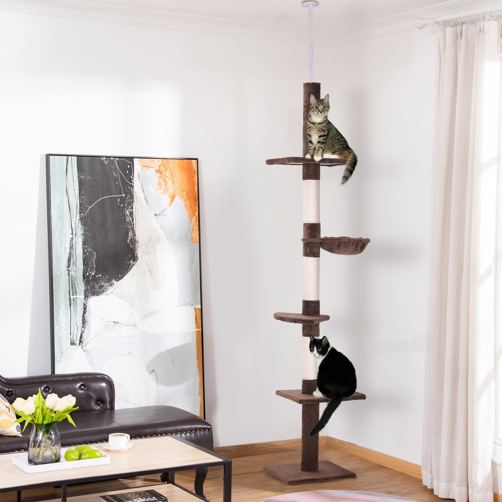 Floor to Ceiling Cat Tree 230-260cm Height Adjustable, 5-Tier Cat Tower with Scratching Posts, Hammock, Perches, Climbing Activity Centre for Indoor Kittens Playing and Relaxing, Brown