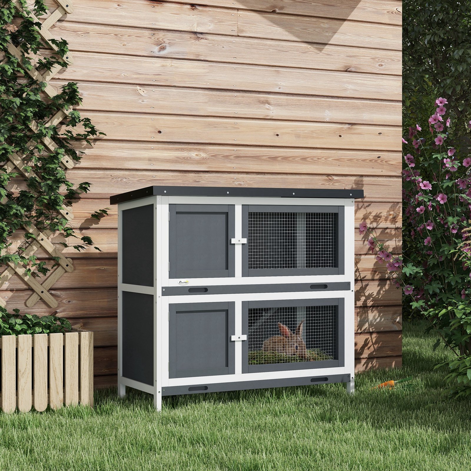 Double Decker Rabbit Hutch 2 Tier Guinea Pig House Pet Cage Outdoor with Sliding-out Tray, 100 x 47 x 91cm, Grey - Image 9