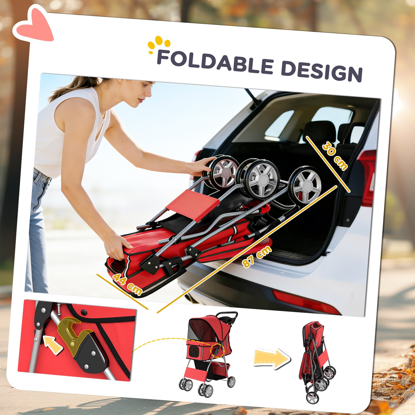 Dog Pram, Pet Stroller with Reflective Strips, Foldable Cat Stroller with 360° Swivel Wheels, Red - Image 5