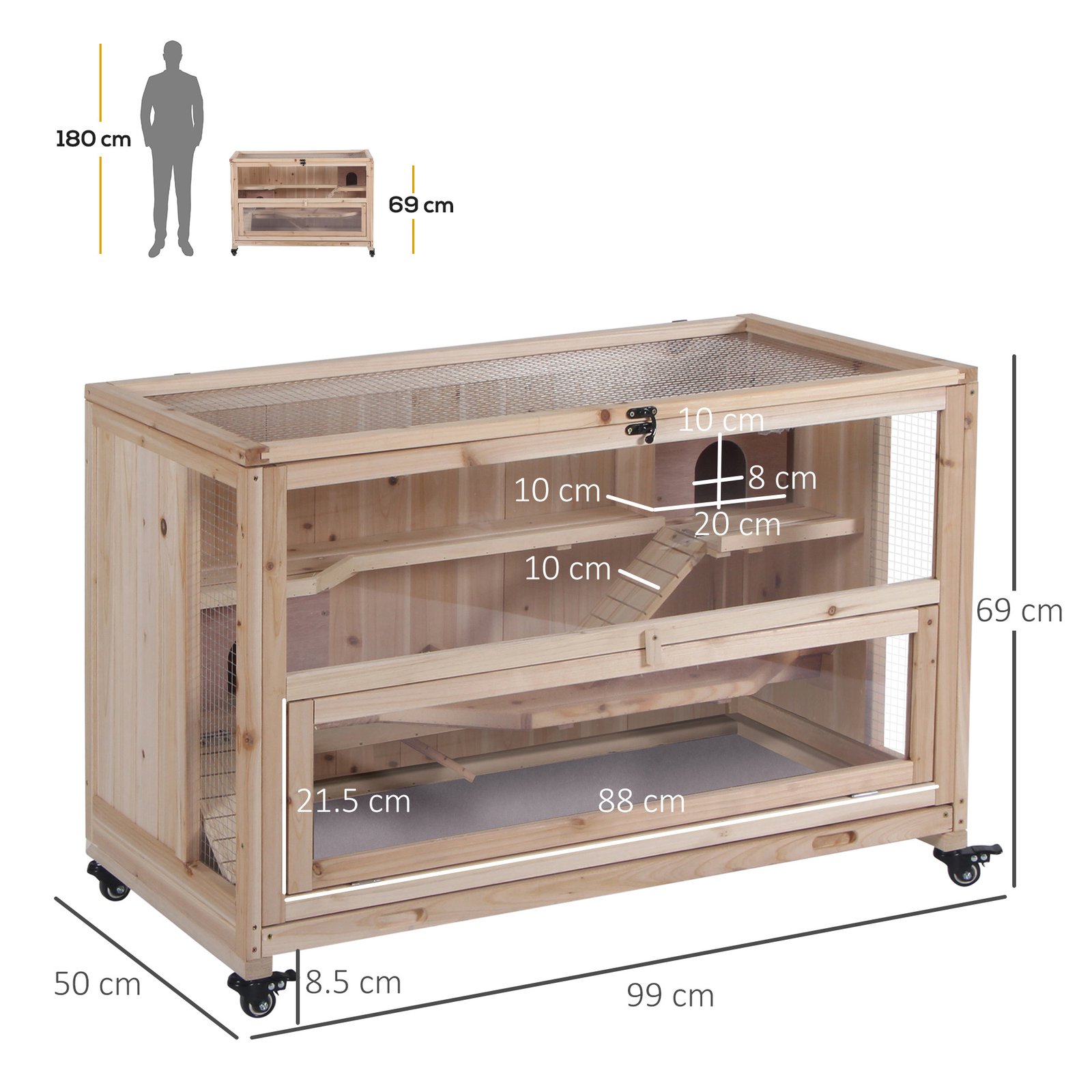 Wooden Hamster Cage, Mice Rodent Small Animals Kit Hutch, 3 Tiers Exercise Play Enclosure, with Wheels, Bottom Tray, 99 x 50 x 69 cm, Natural Wood