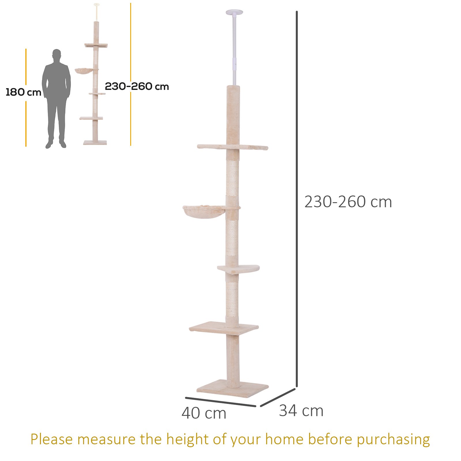 Floor to Ceiling Cat Tree 230-260cm Height Adjustable, 5-Tier Cat Tower with Scratching Posts, Hammock, Perches, Climbing Activity Centre for Indoor Kittens Playing and Relaxing, Beige - Image 3