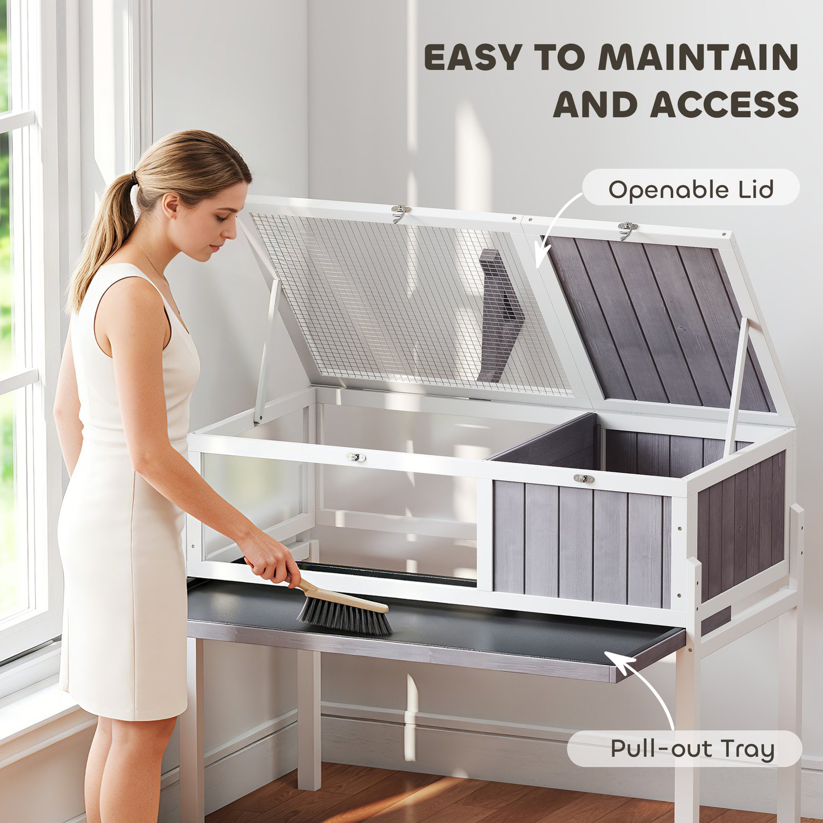 Wooden Tortoise House with Dual-Zone Habitat, Clear Panels, Openable Top, Metal Mesh, for Tortoises and Small Pets, Grey