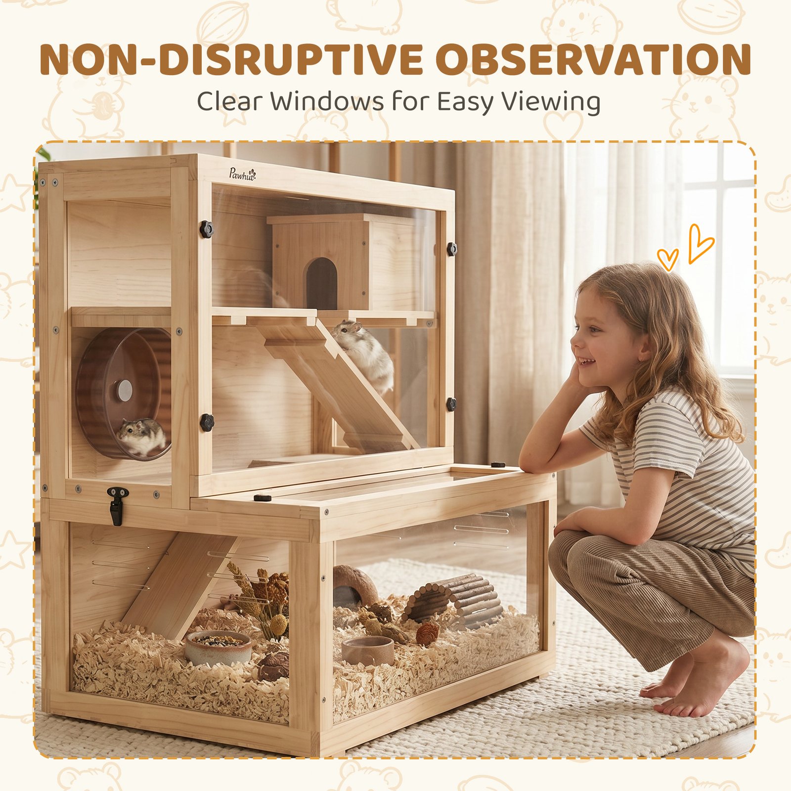 Wooden Hamster Cage with Hut, Wheel, Ramps, Removable Viewing Panels, 80 x 50 x 84 cm, Natural
