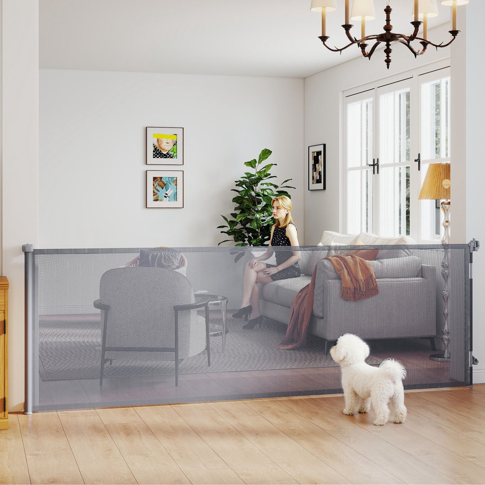 Retractable Dog Gate, Extends to 300 cm Wide & 104 cm Tall, Mesh Pet Gate Single Hand Operation, for Stairs Doorways