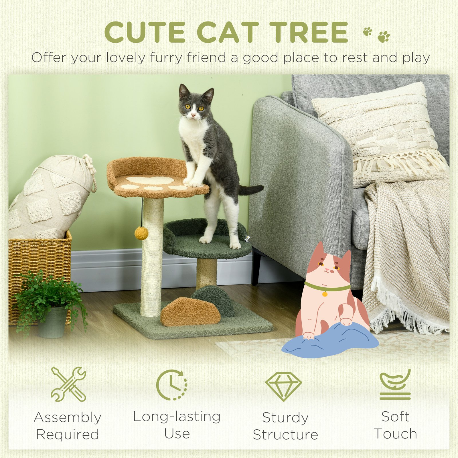 52cm Small Cat Tree for Indoor Cats, Scratching Posts with Two Beds, Toy Ball - Image 4