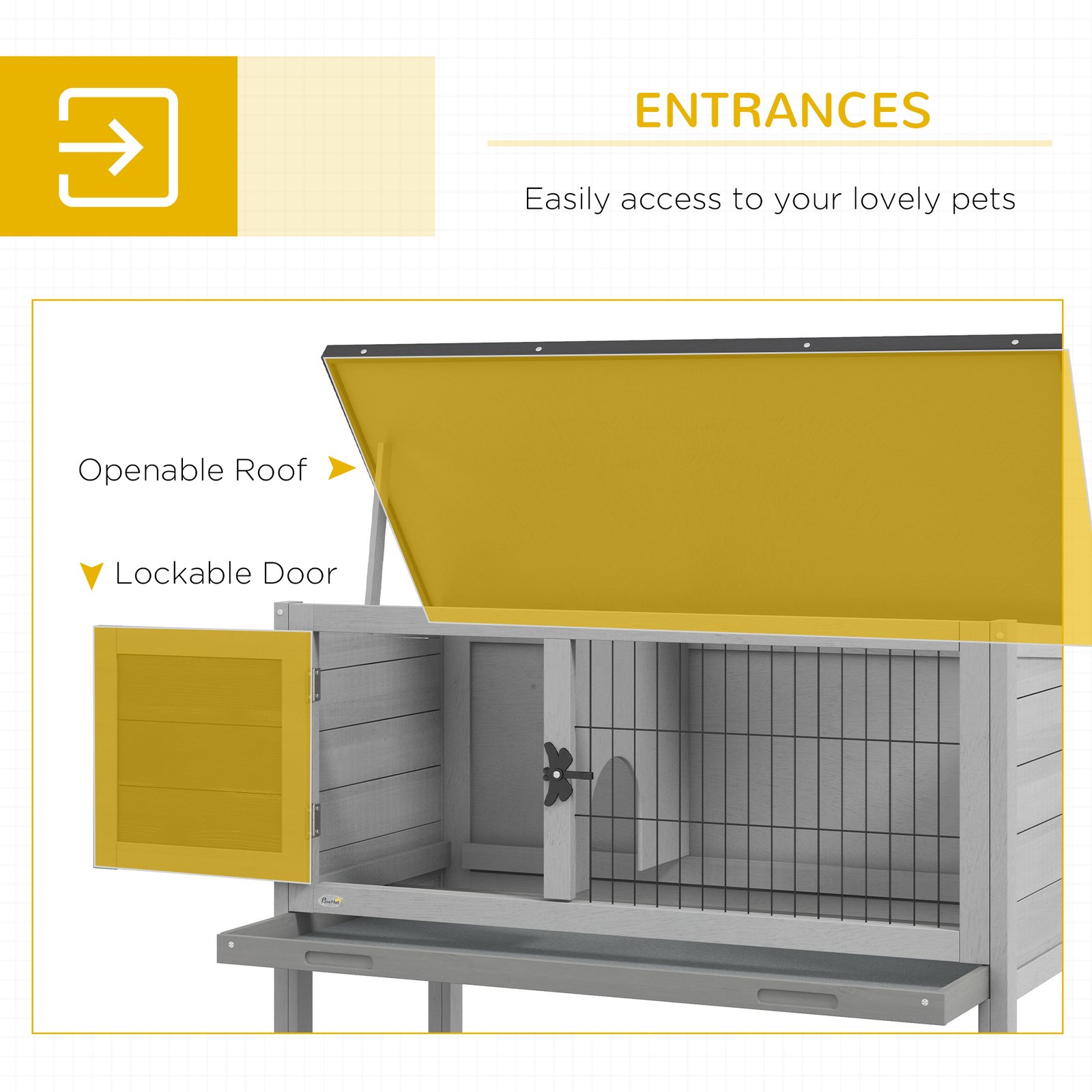 Wooden Guinea Pig Hutch, Small Animal Cage with Slide-out Tray, Openable Asphalt Roof, 84 x 43 x 70cm, Grey - Image 5