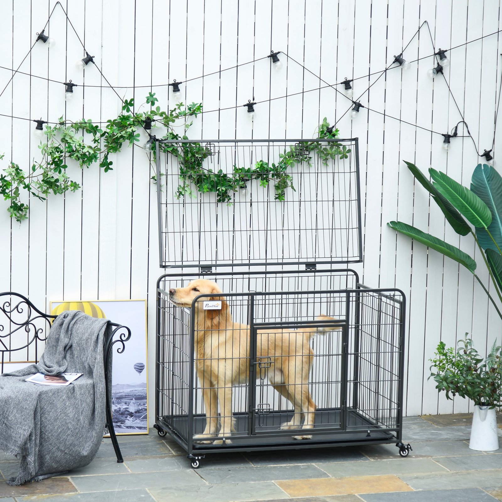 Metal Dog Cage Kennel Locking Door & Wheels Removable Tray Openable Top For Large Pets 109.5 x 71 x 78 cm