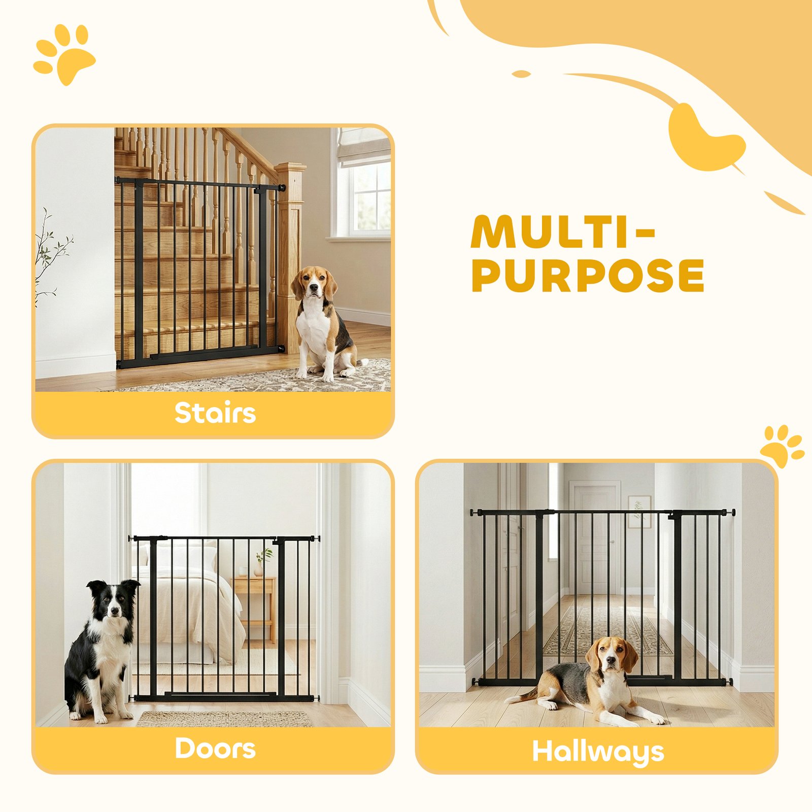 Dog Gate Pet Safety Gate Stair Barrier Pressure Mount Adjustable 76-82/86-97/101-107 cm, Black