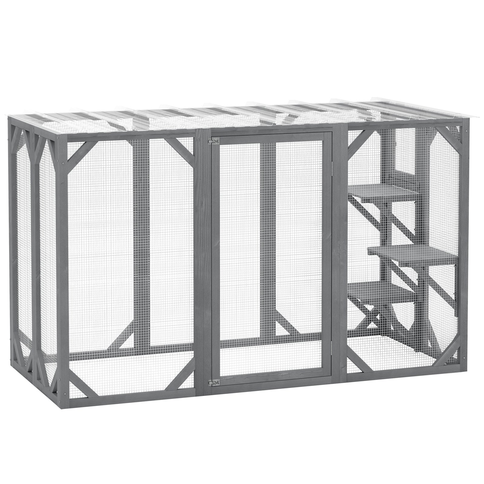 71" Outdoor Wooden Cat House with Three Platforms, Large Door, Water-Resistant Roof, for Multiple Cats, Grey