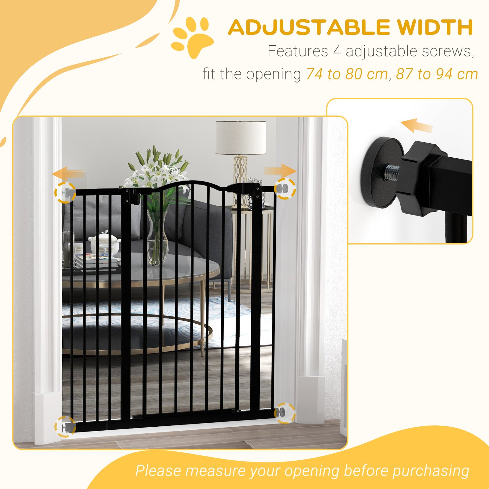 Pressure Fit Dog Stair Gate No Drilling Safety Gate Auto Close for Doorways, Hallways, 74-94cm Adjustable, 94cm Tall, Black - Image 7