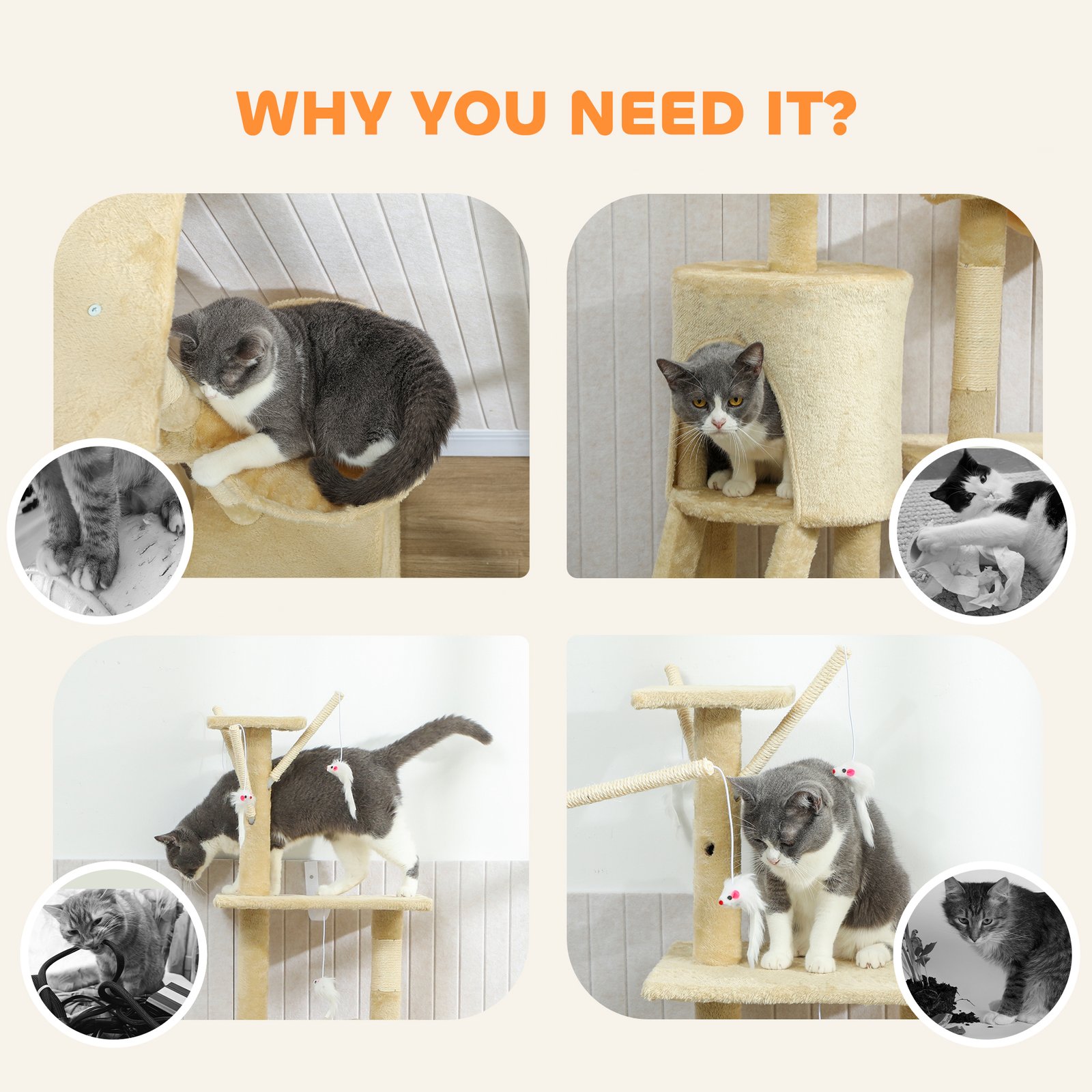Multi-Level Cat Tower, 134cm Cat Tree with Condo and Sisal Scratching Posts for Indoor Kittens, Beige - Image 8