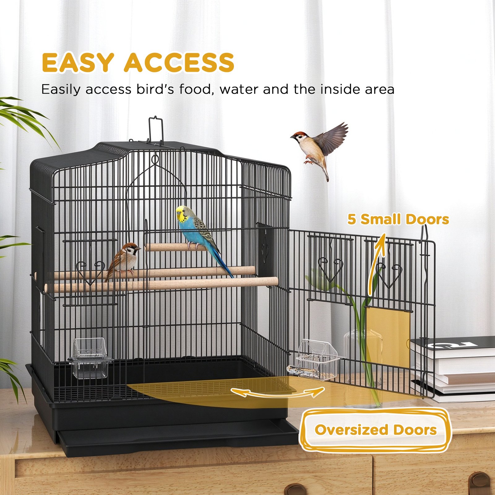 Large Metal Bird Cage with Perches, Food Bowls, Swing, for Budgies, Finches, Black