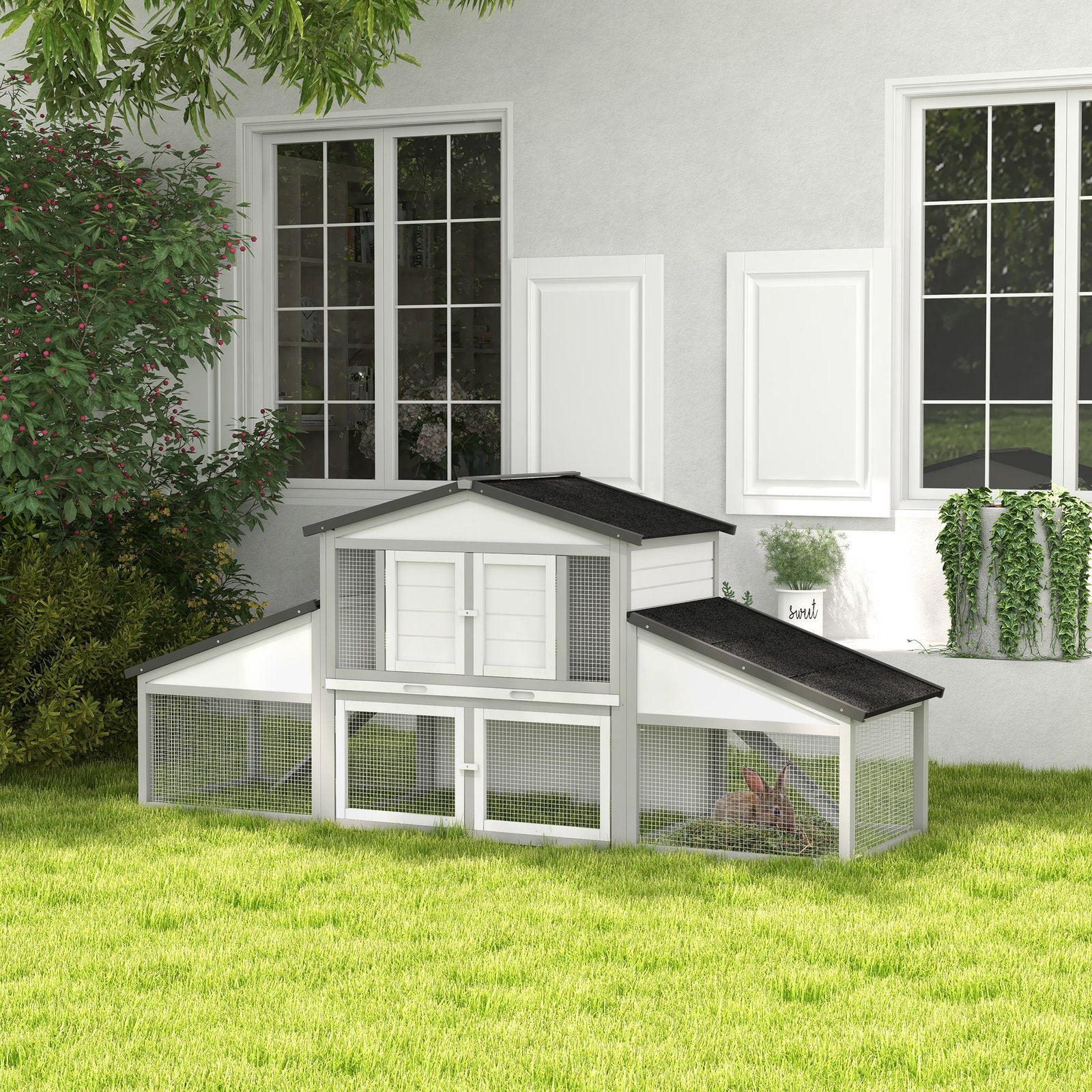 Large Rabbit Hutch with Run, Outdoor Bunny Cage, with Tray, Ramp - Light Grey - Image 9